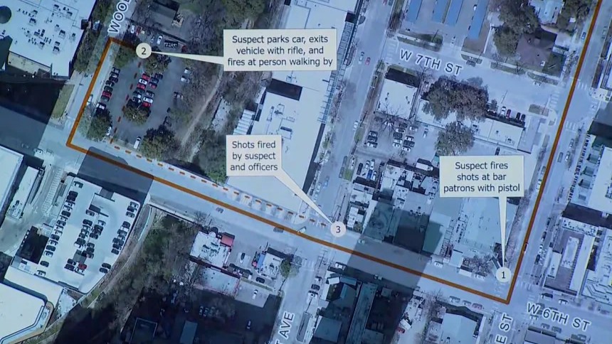Una mappa raffigurante le scene della sparatoria di massa mortale ad Austin in una conferenza stampa giovedì.
