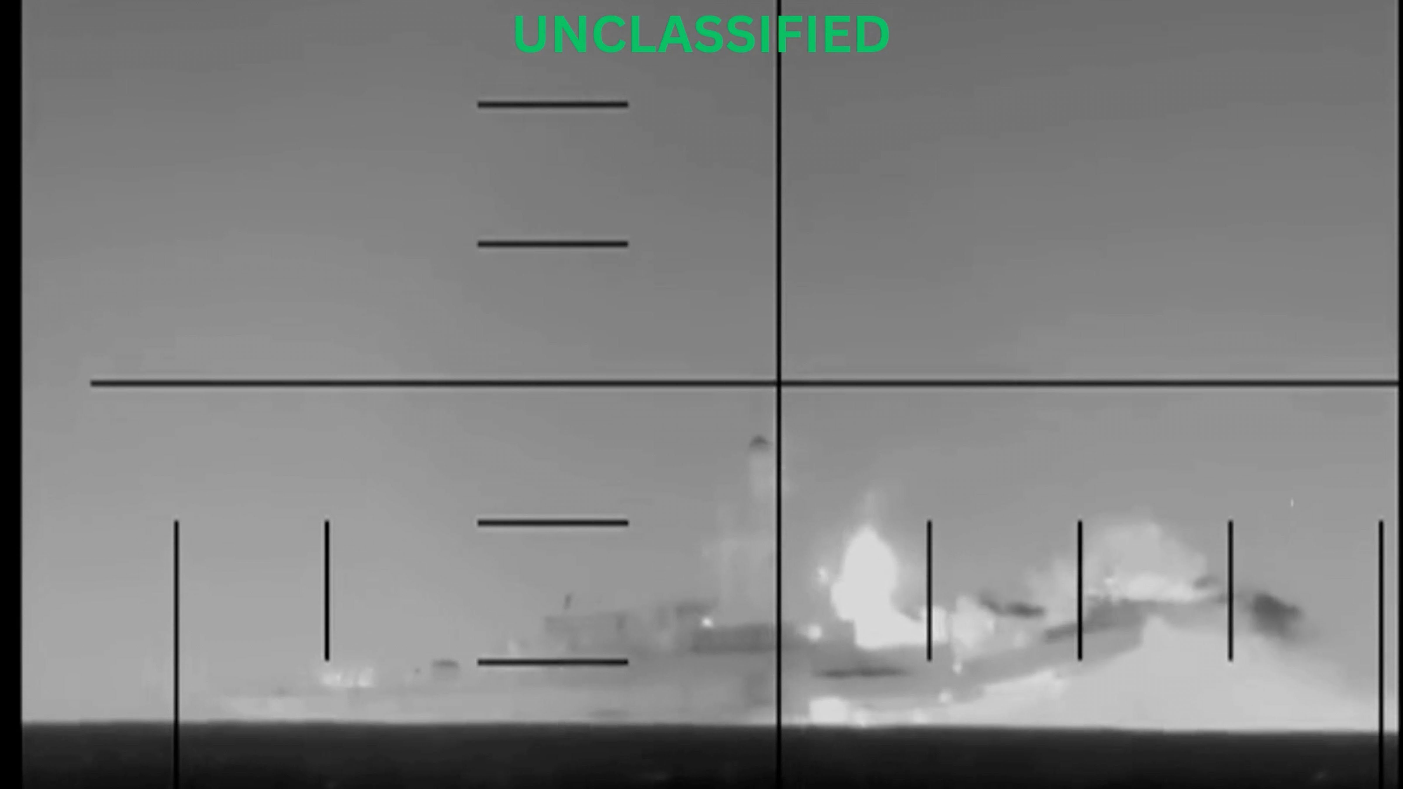 This image from video provided by U.S. Defense Department shows explosion on an Iranian ship in the Indian Ocean during the Iran war.