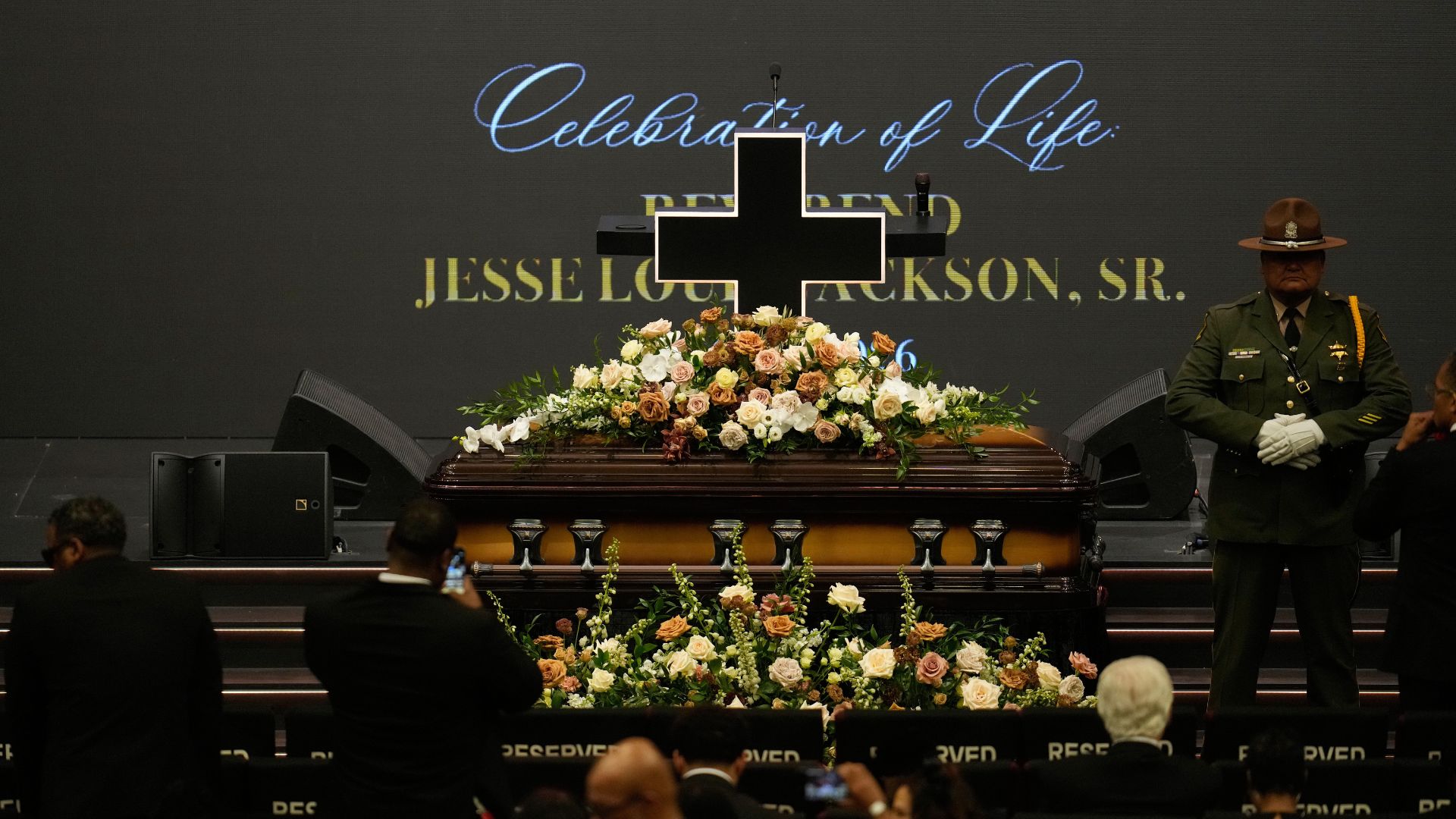 The casket with the Rev. Jesse Jackson is seen before the Public Homegoing Service at the House of Hope in Chicago, Friday, March 6, 2026.