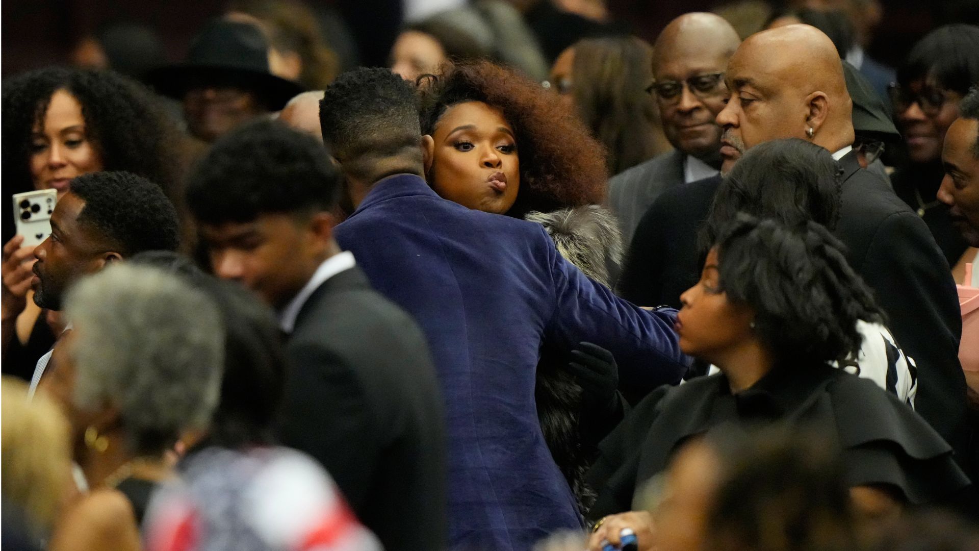 Jennifer Hudson is hugged as she arrives for Public Homegoing Service for Reverend Jesse Jackson at the House of Hope in Chicago, Friday, March 6, 2026.