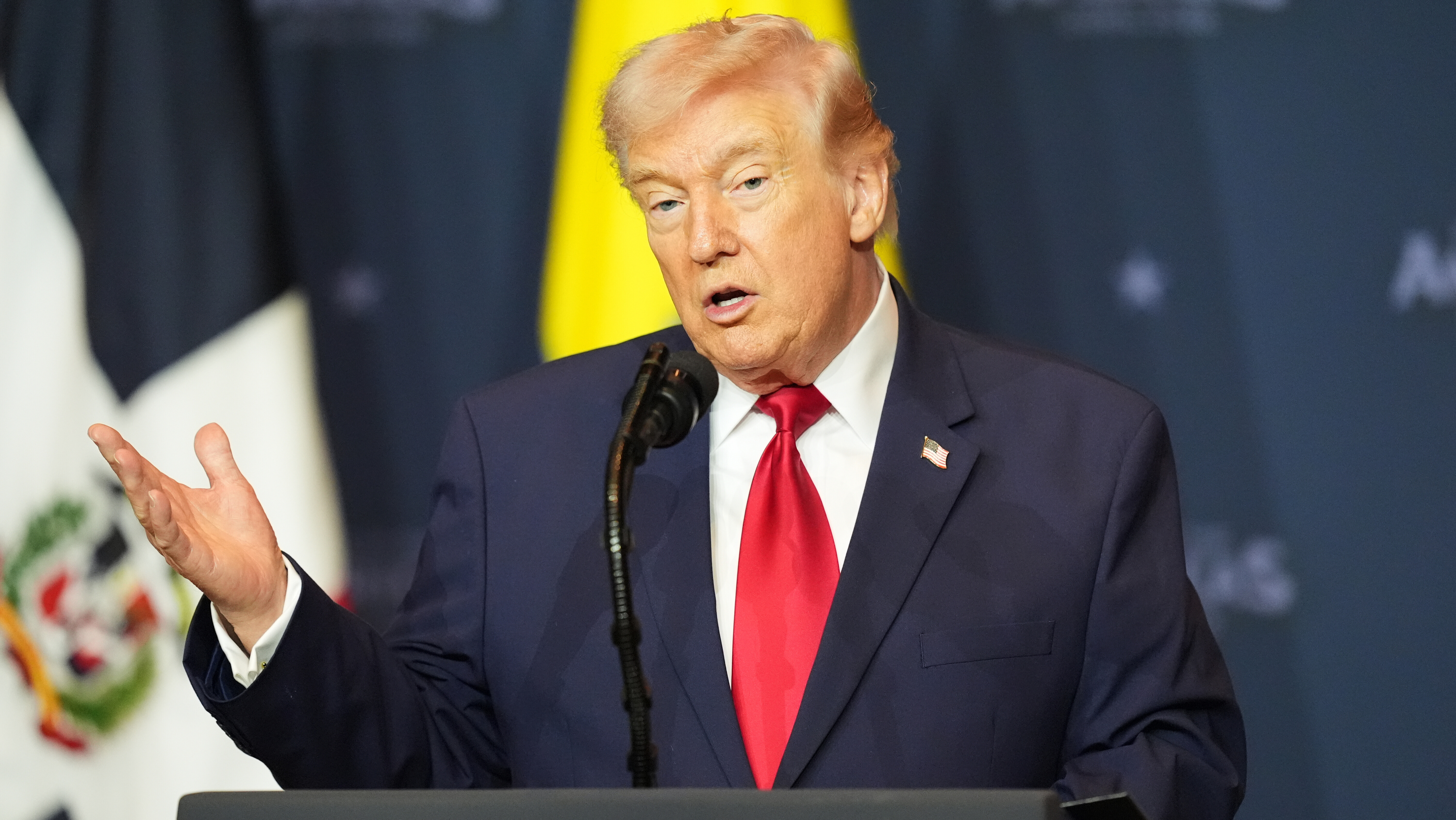 President Donald Trump speaks at the Shield of the Americas Summit, Saturday, March 7, 2026, at Trump National Doral Miami in Doral, Fla.