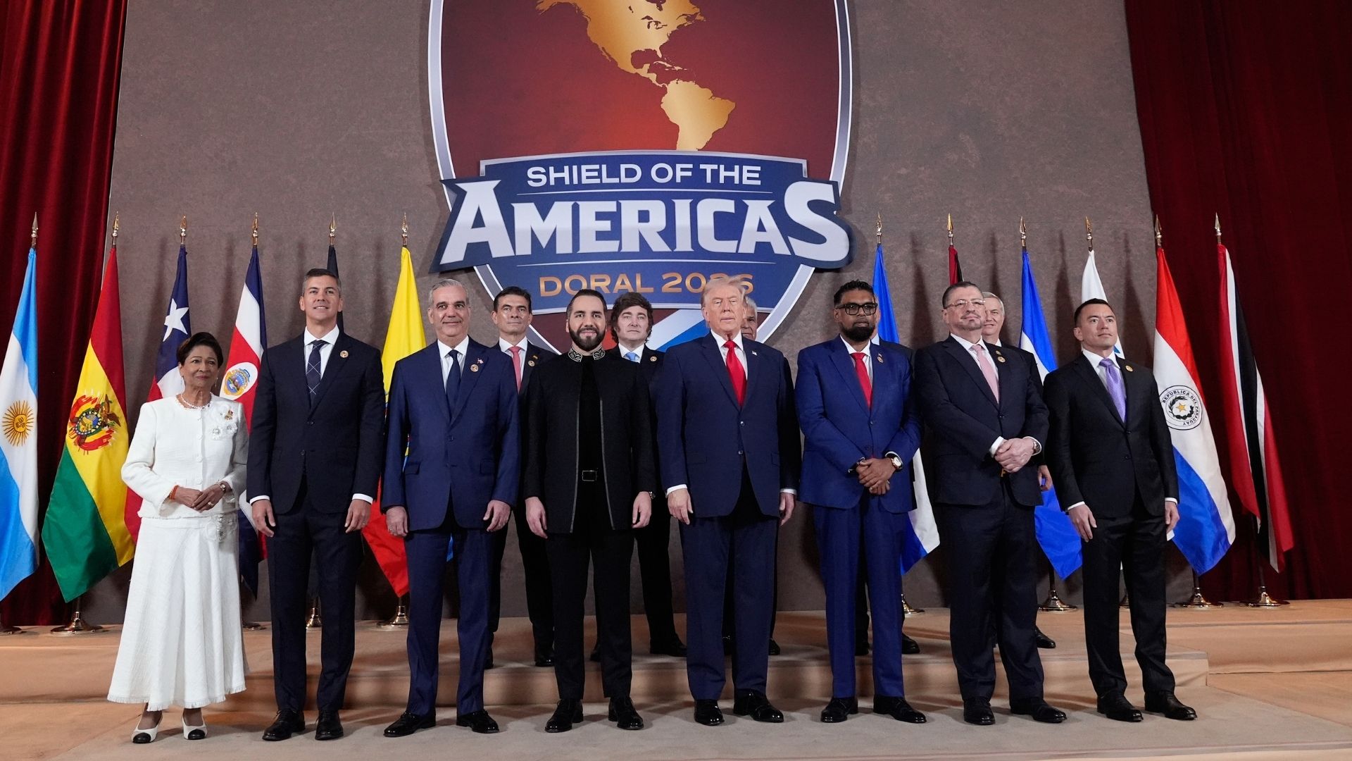 Group photo at the Shield of the Americas Summit, Saturday, March 7, 2026, at Trump National Doral Miami in Doral, Fla.