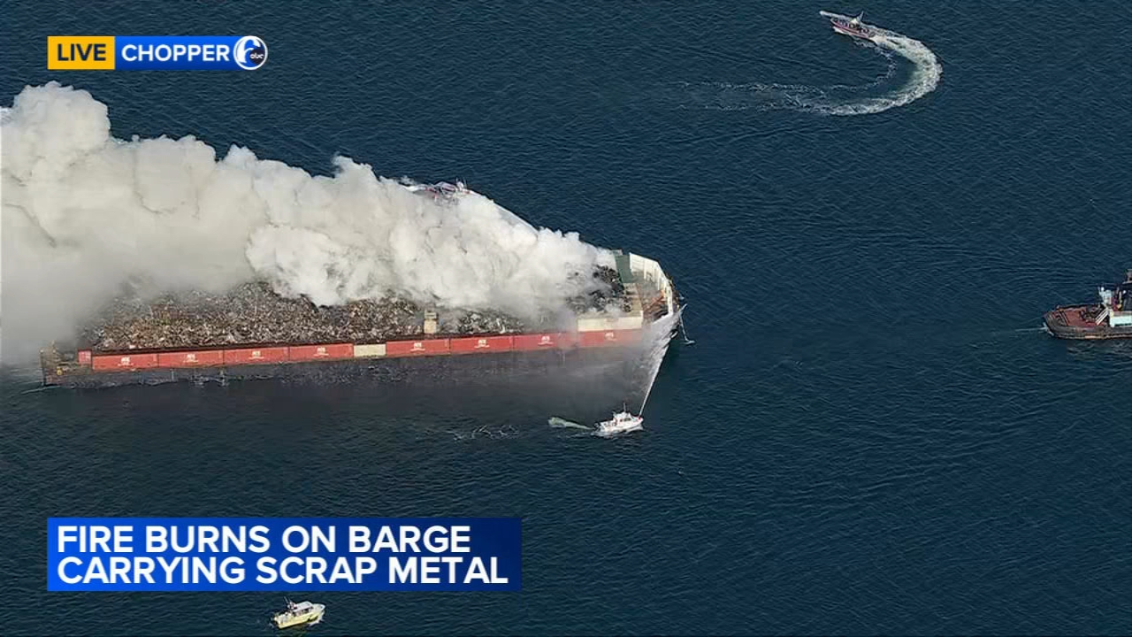 Massive fire erupts on scrap metal barge in Delaware Bay