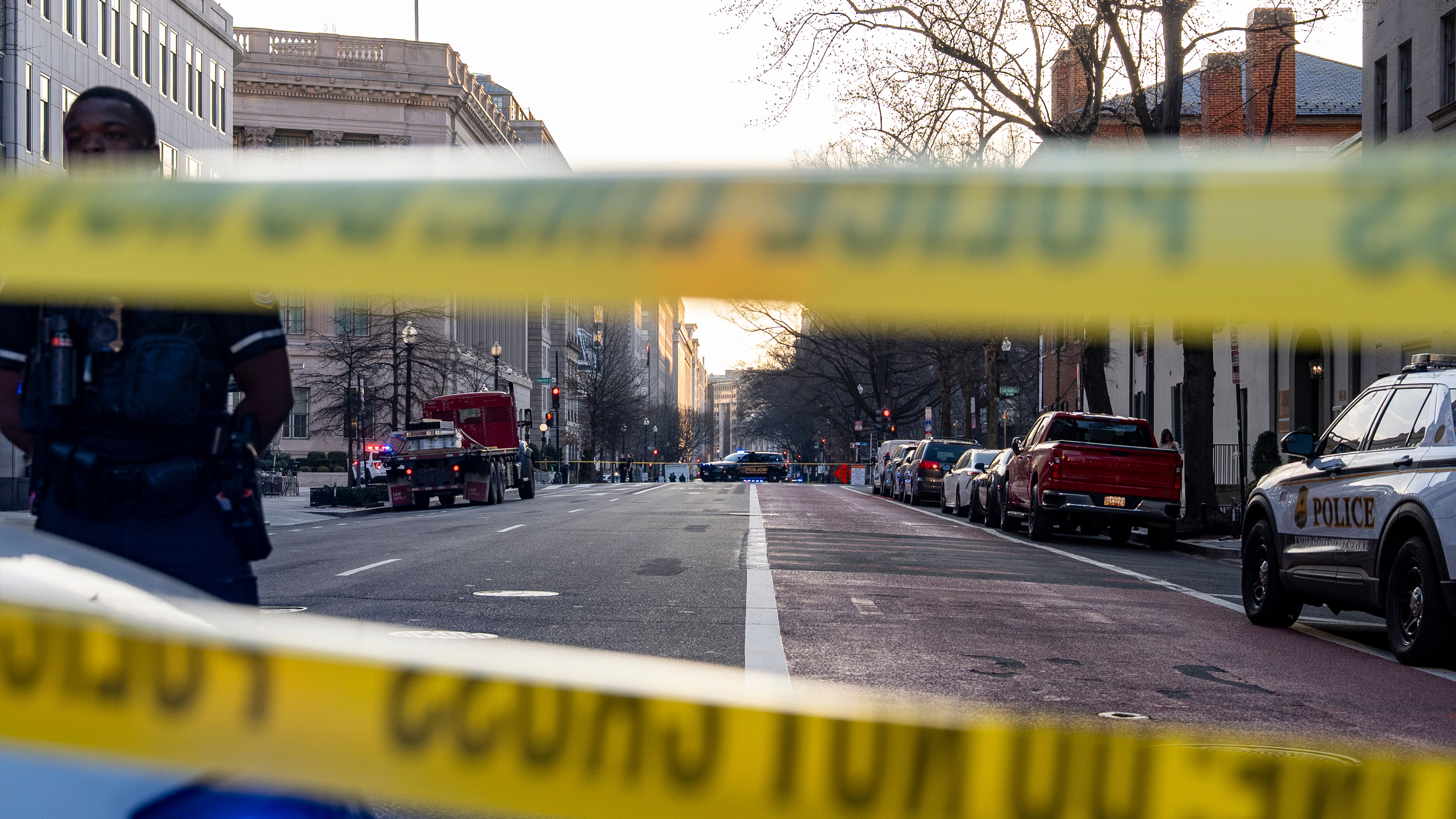 Washington Metropolitan Police Department officers block the streets around the White House as members of the U.S. Secret Service investigate a suspicious vehicle, Wednesday, March 11, 2026, in Washington.