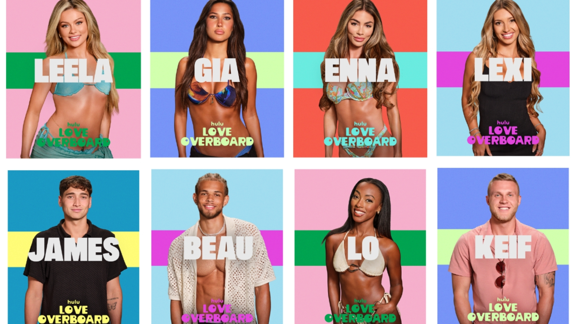 L-R: Leela, Gia, Enna, Lexi, James, Beau, Lo and Keif from "Love Overboard"