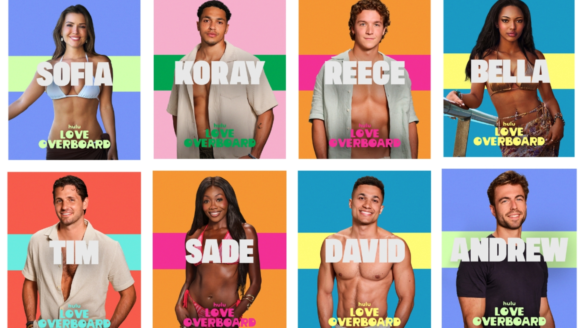 L-R: Sofia, Koray, Reece, Bella, Time, Sade, David and Andrew from "Love Overboard"