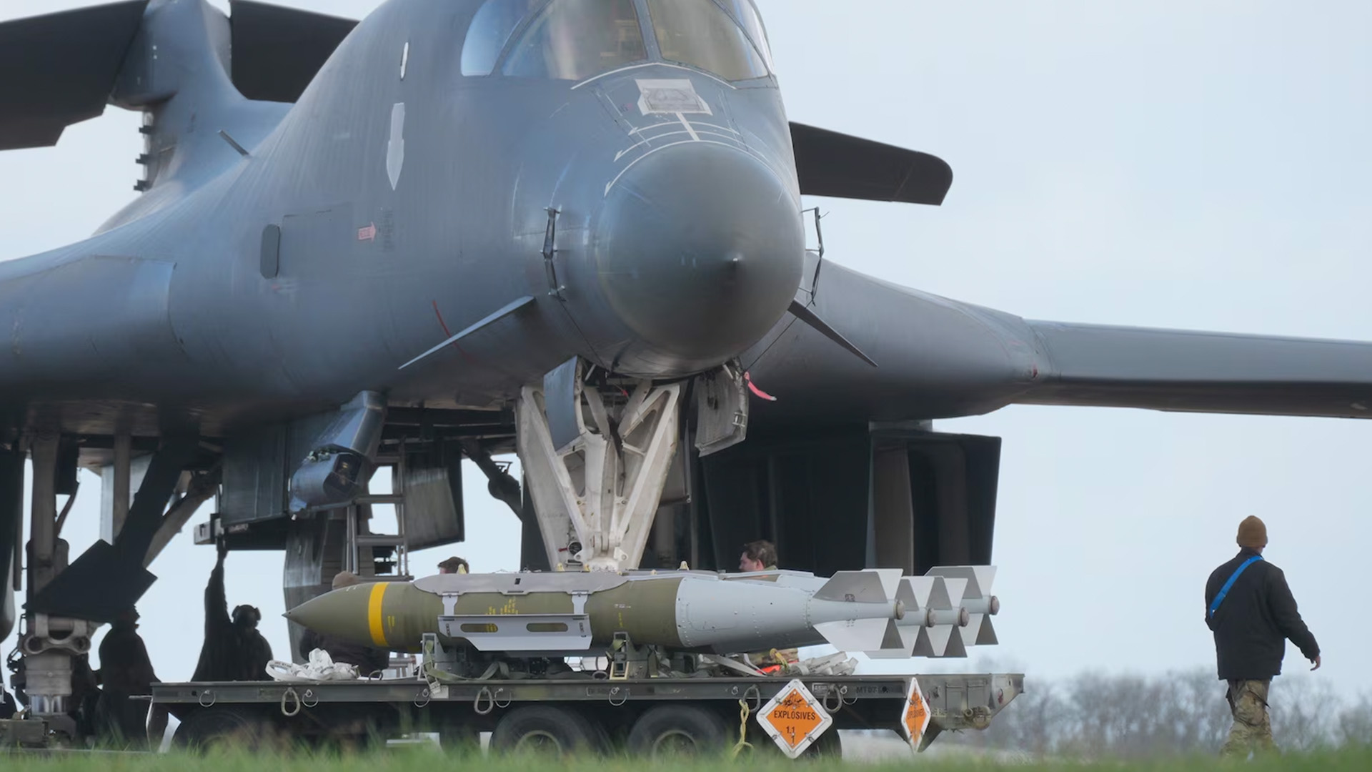 Ground crew prepare to load munitions onto a US Air Force B-1 bomber at RAF Fairford on March 11, 2026 in Fairford, England.