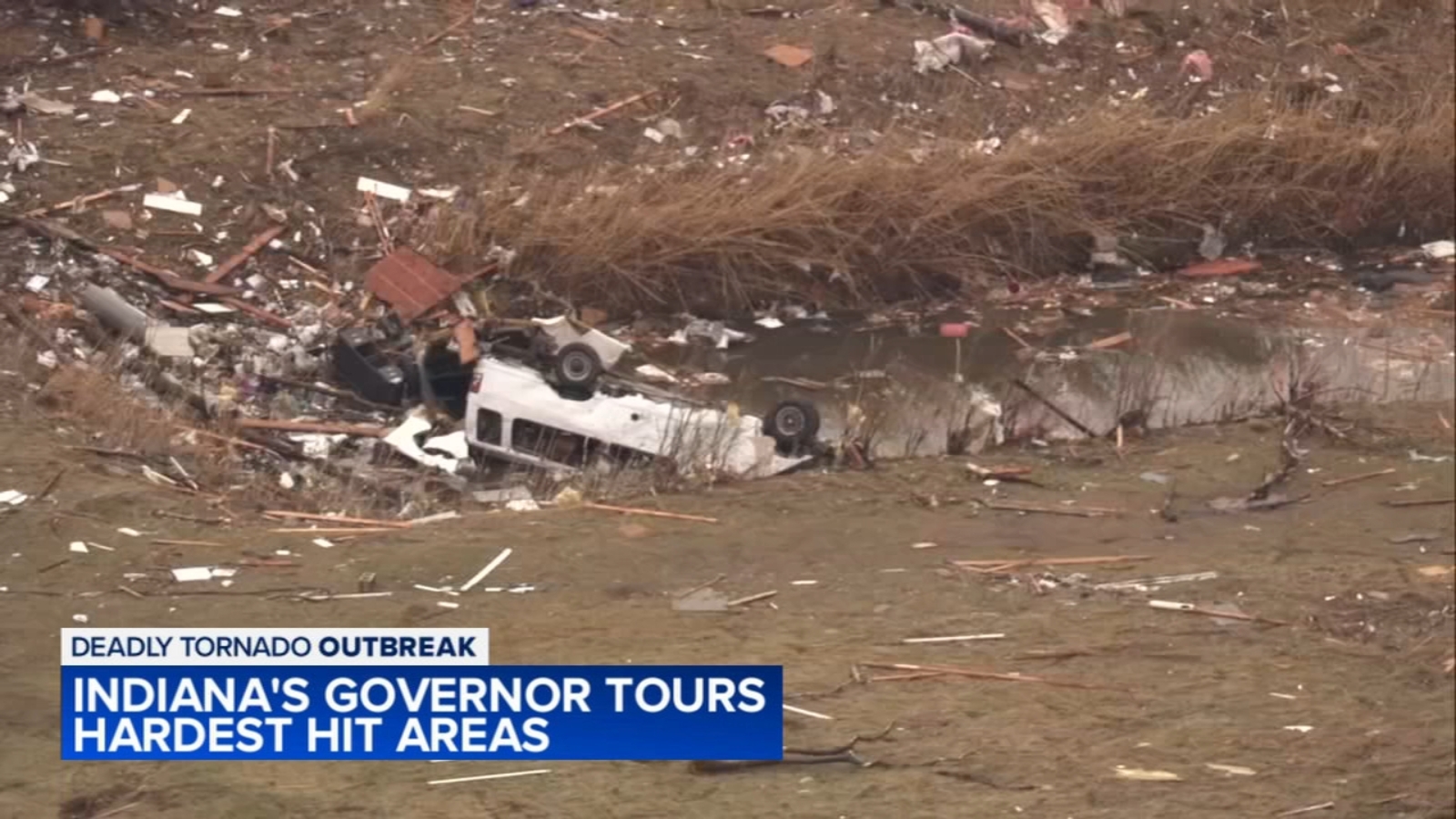 Indiana Gov. Braun surveys damage from deadly tornado in Lake Village; high winds expected Friday