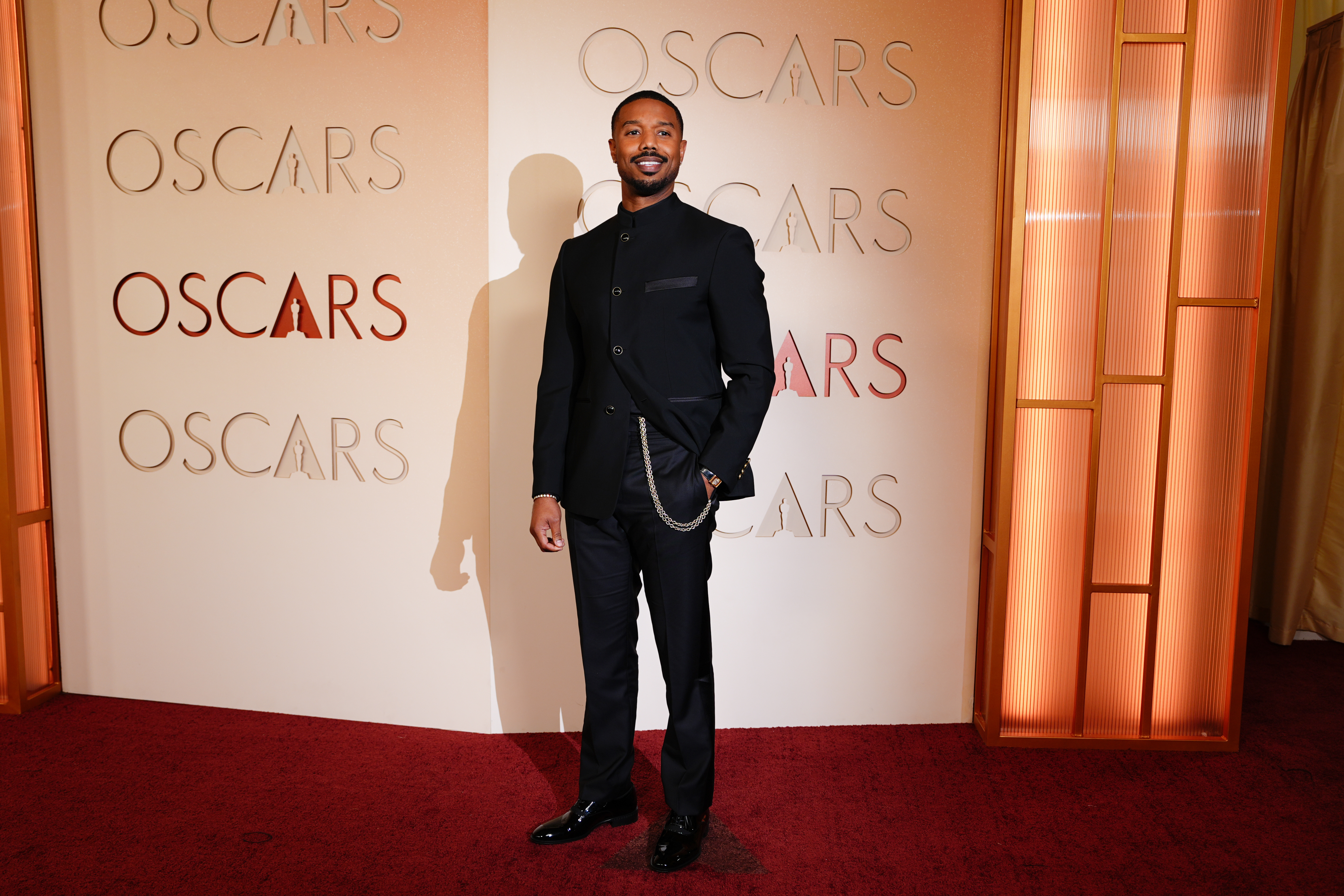Michael B. Jordan arrives at the Oscars on Sunday, March 15, 2026, at the Dolby Theatre in Los Angeles.