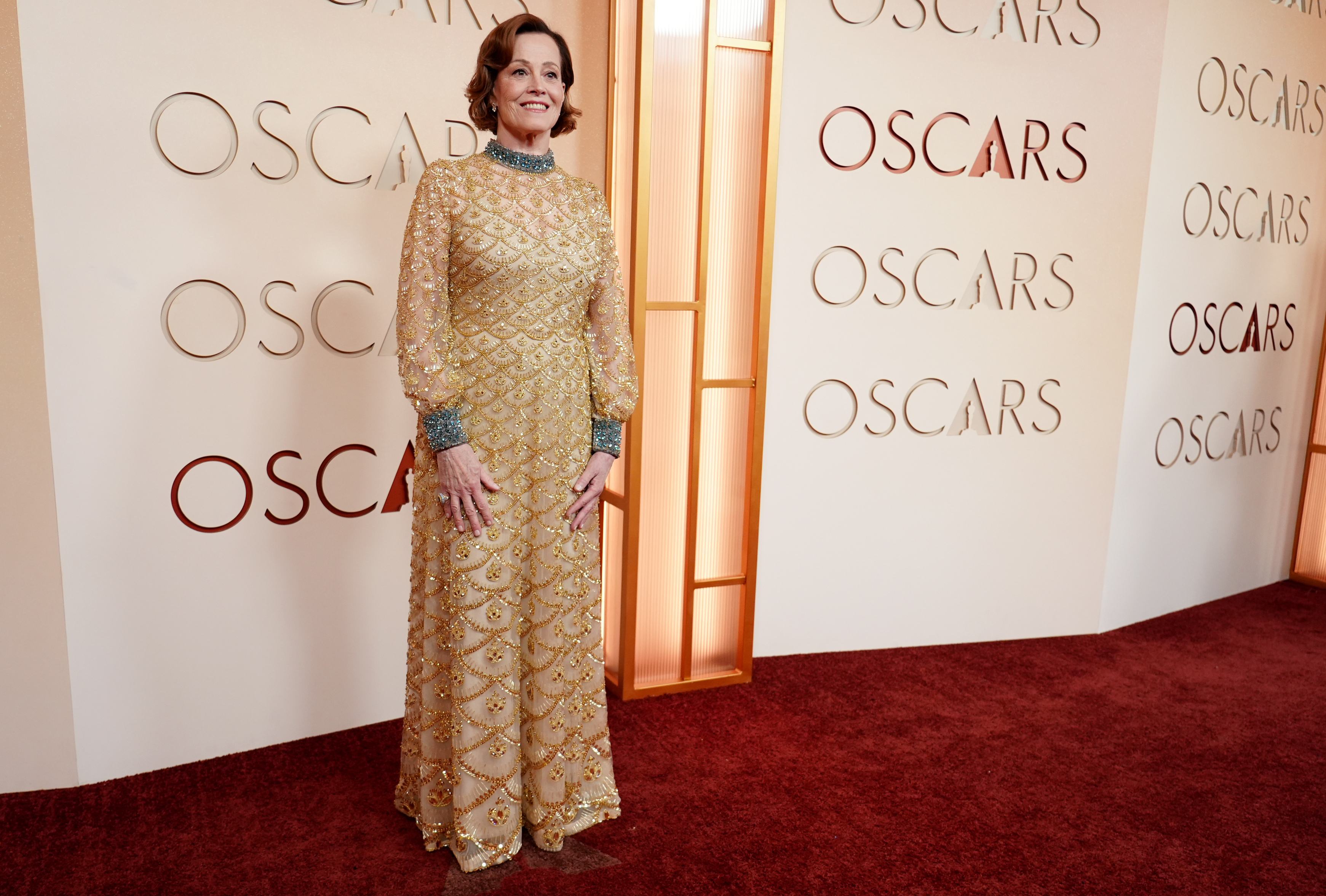 Sigourney Weaver arrives at the Oscars on Sunday, March 15, 2026, at the Dolby Theatre in Los Angeles.