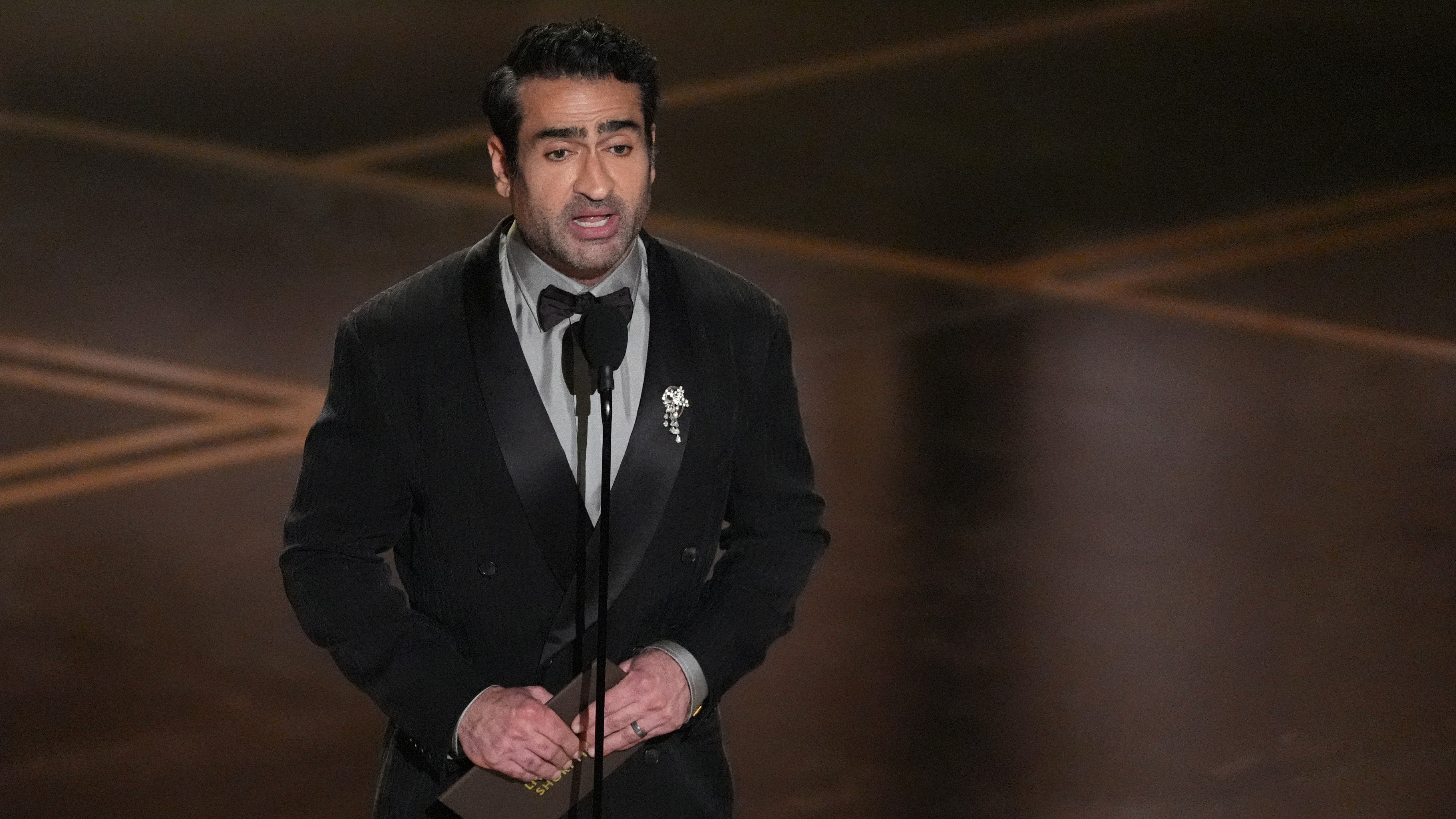 Kumail Nanjiani presents the award for best live action short film during the Oscars on Sunday, March 15, 2026, at the Dolby Theatre in Los Angeles.