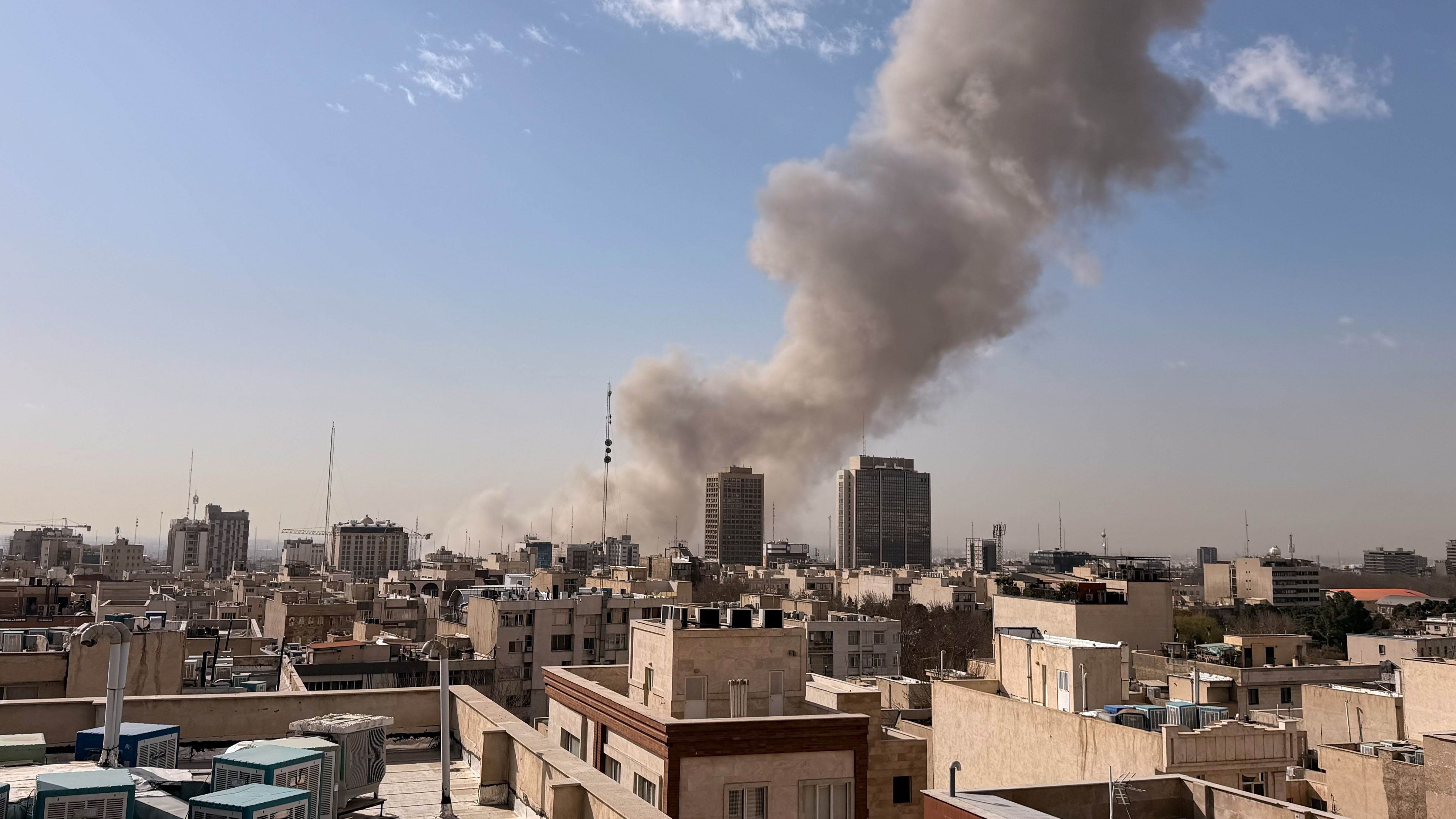 Smoke rises on the skyline after an explosion in Tehran, Iran, Saturday, Feb. 28, 2026.