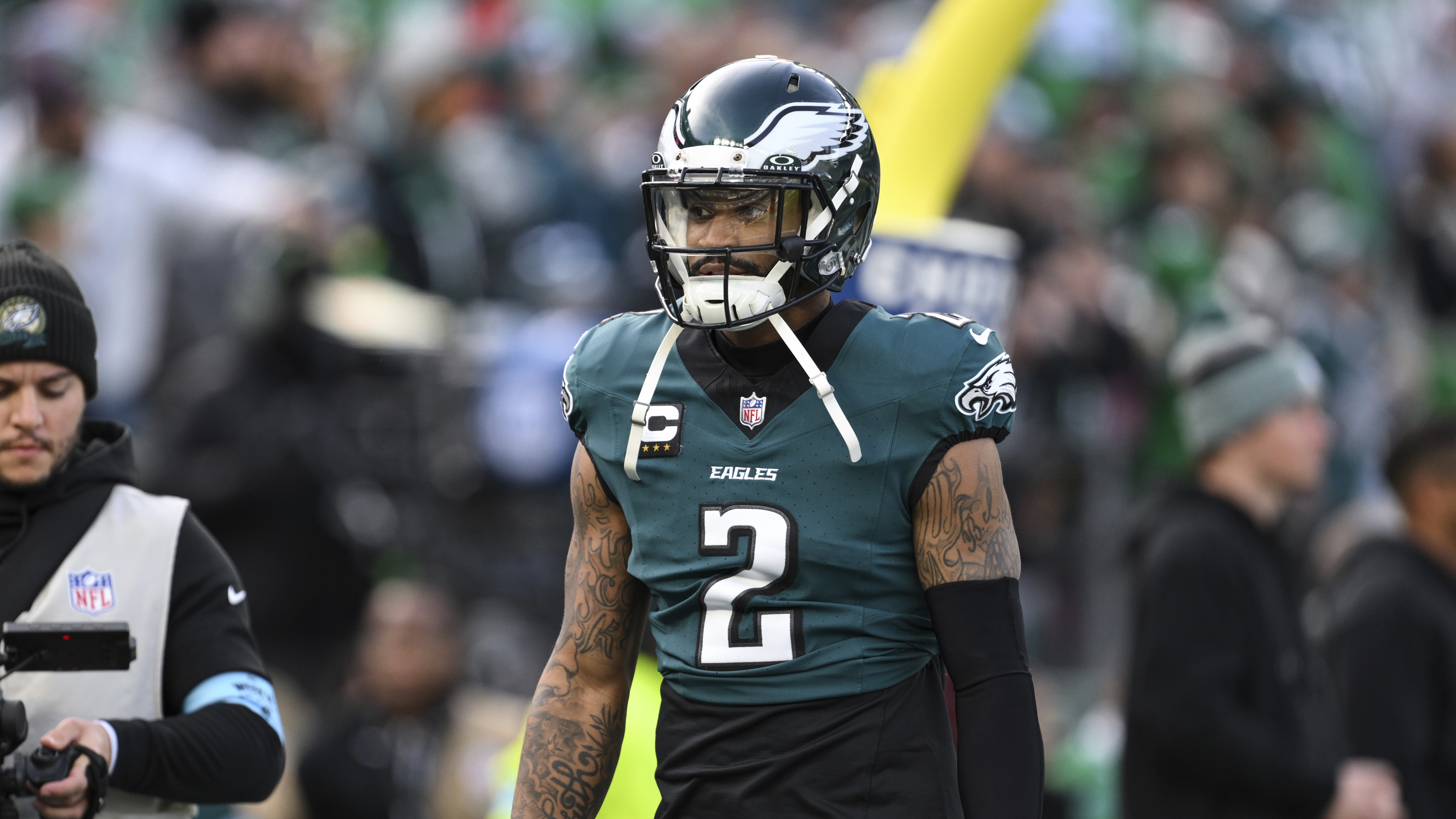 Philadelphia Eagles cornerback Darius Slay Jr. (2) looks on during pre-game warm-ups before a game against the Carolina Panthers, Sunday, Dec. 8, 2024, in Philadelphia.