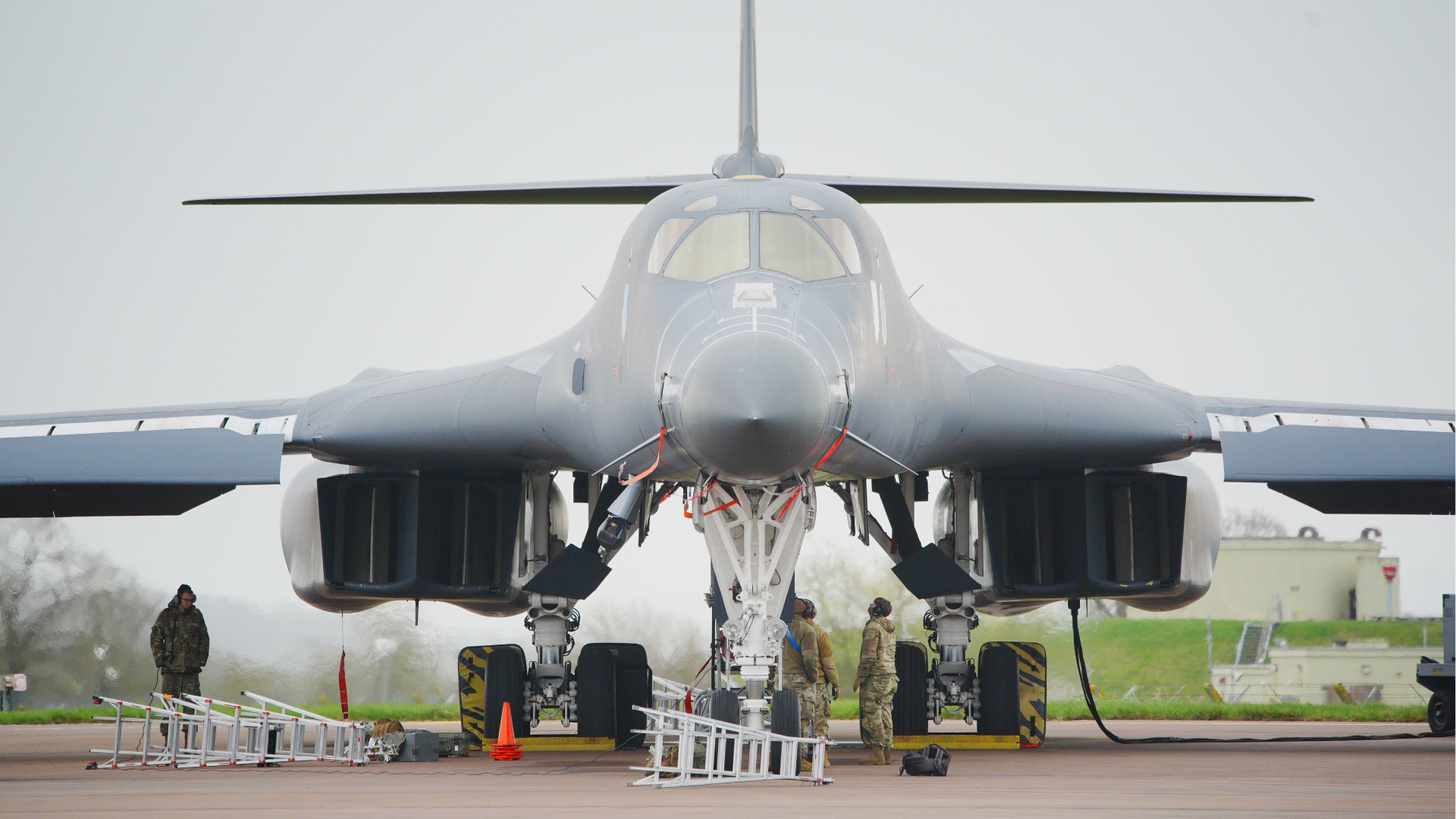 A US Air Force B-1 bomber is loaded with bombs at RAF Fairford in Gloucestershire, England, Monday March 16, 2026.