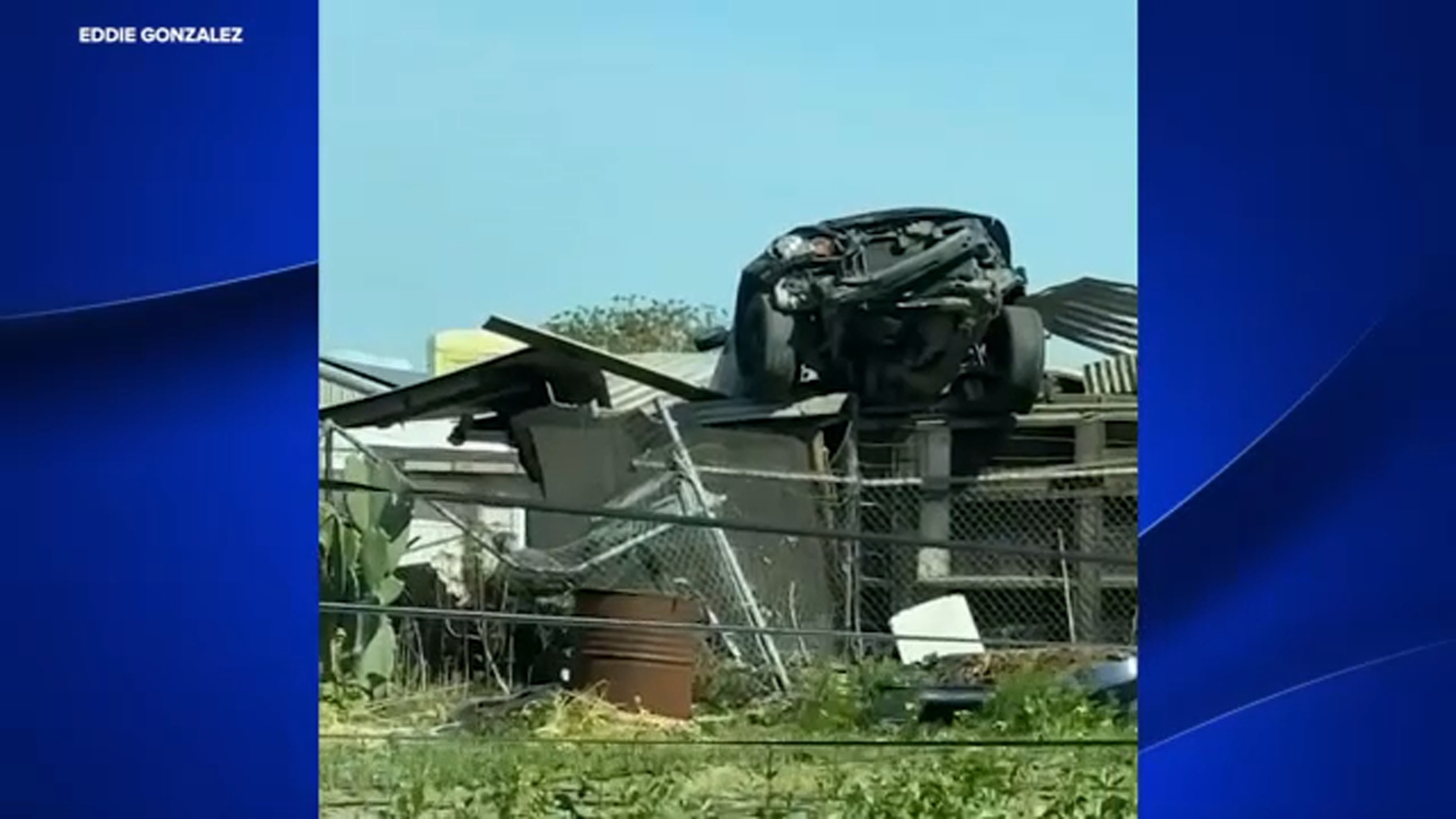 Car lands on top of shed in Atwater, trapping people inside