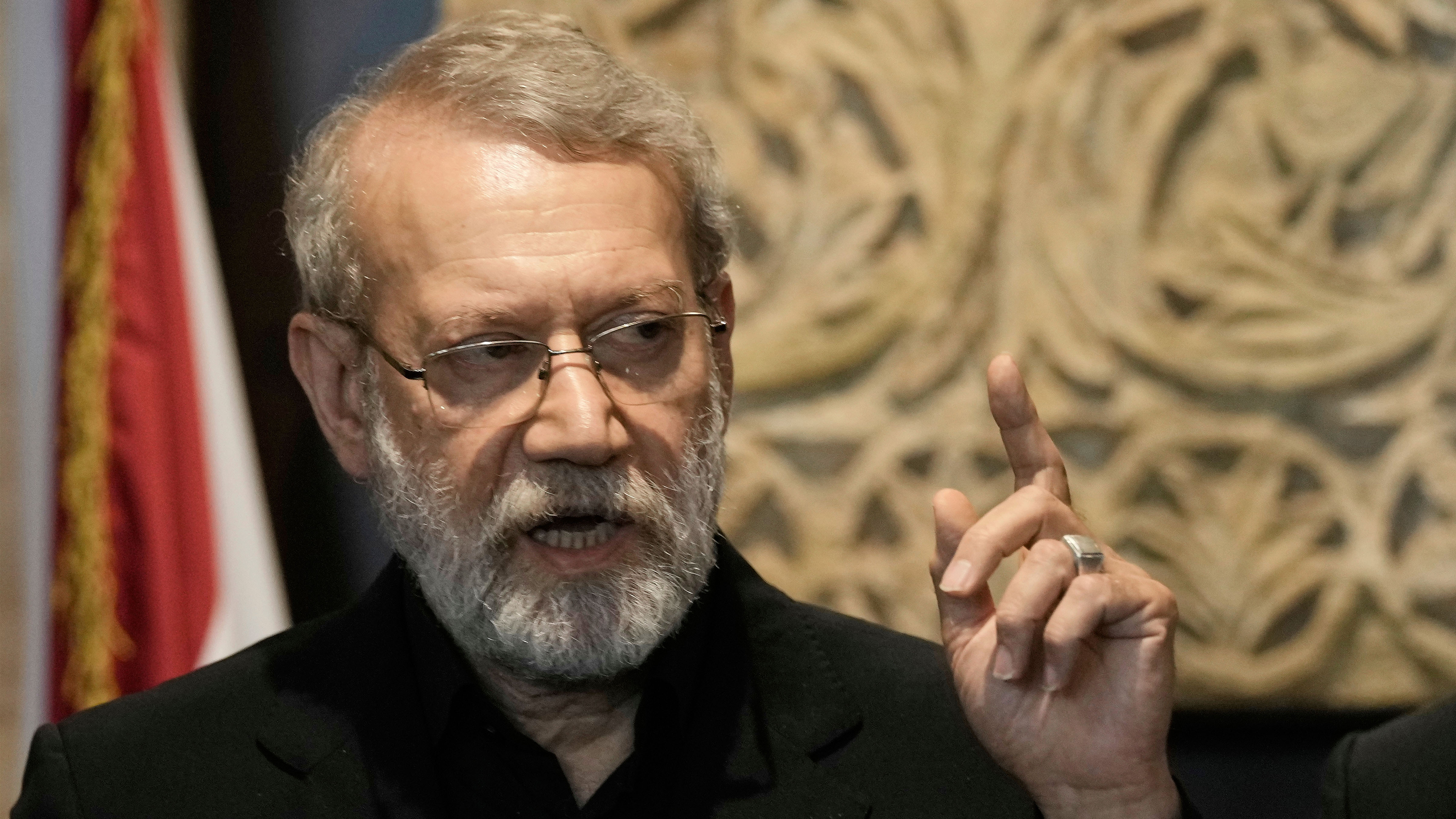 Iranian Secretary of Supreme National Security Council Ali Larijani, speaks during a press conference, in Beirut, Lebanon, Aug. 13, 2025.