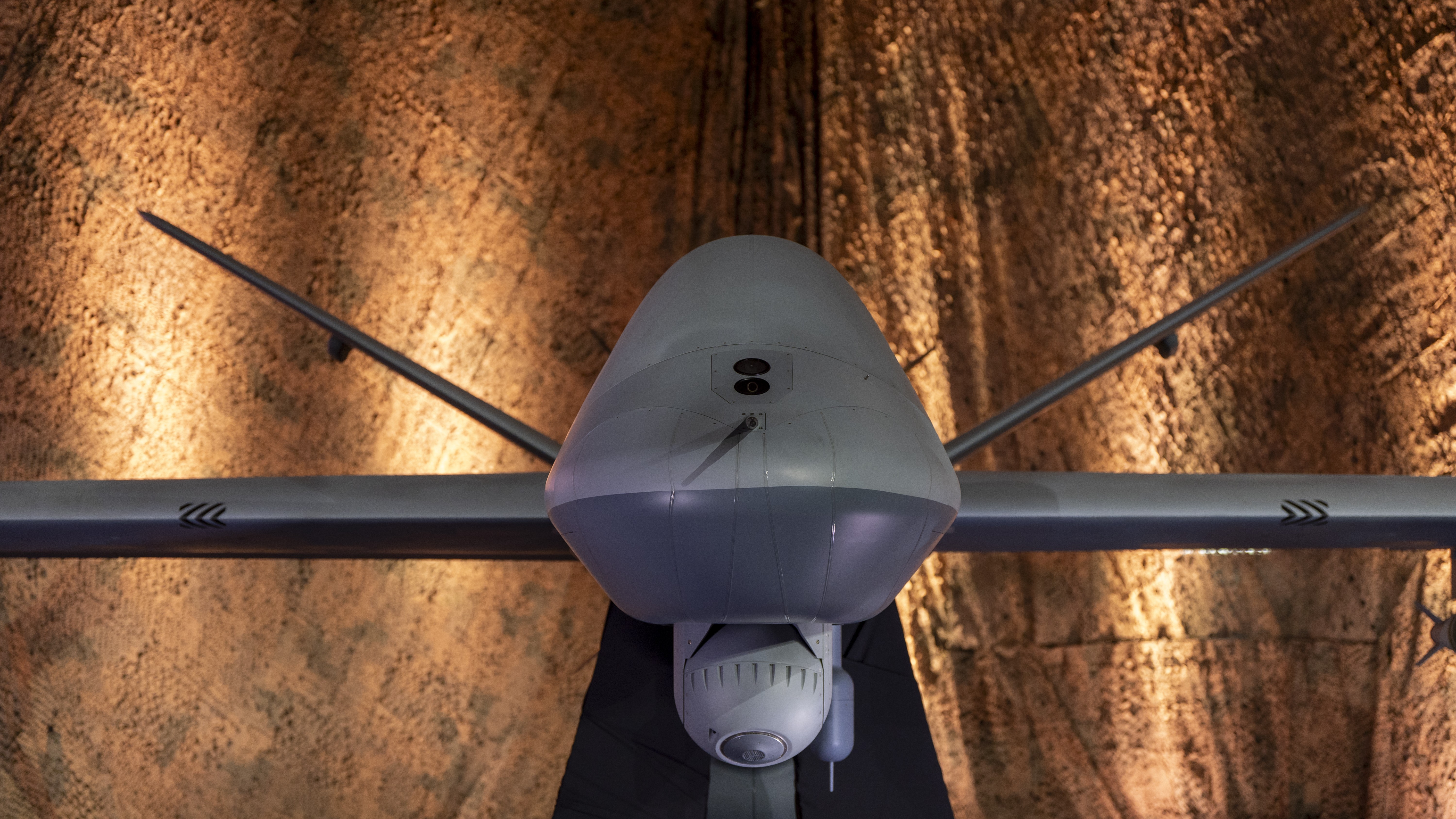 A MQ-9 Reaper drone is on display before President Donald Trump speaks at Al Udeid Air Base, Thursday, May 15, 2025, in Doha, Qatar.