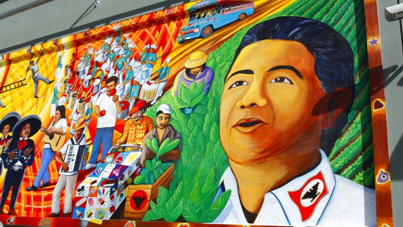 A mural depicting United Farm Worker co-founder Cesar Chavez along Cesar Chavez street Wednesday, March 31, 2010, in the Mission District of San Francisco.