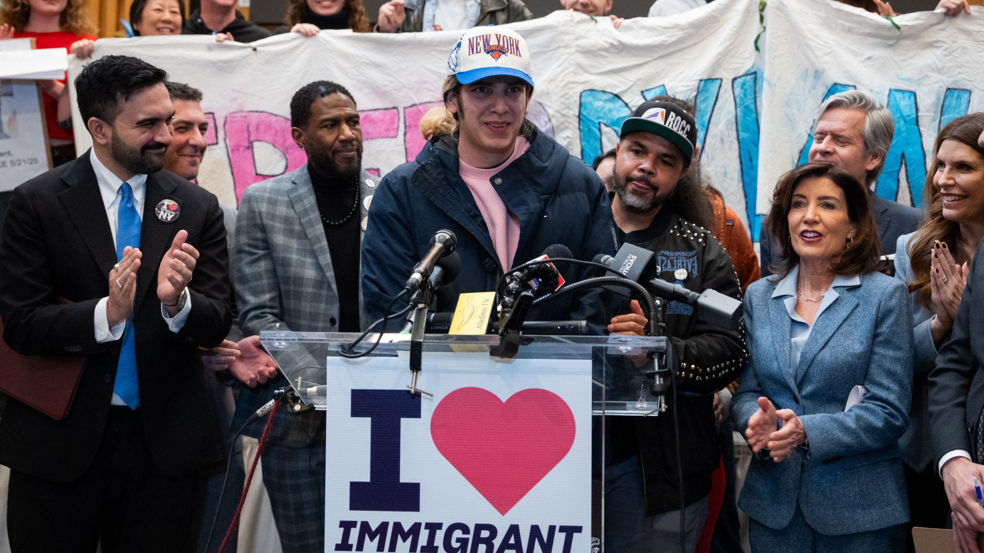 Dylan Lopez Contreras talks during a press conference to welcome him home after being freed from ICE detention, Thursday, March 19, 2026 in New York.