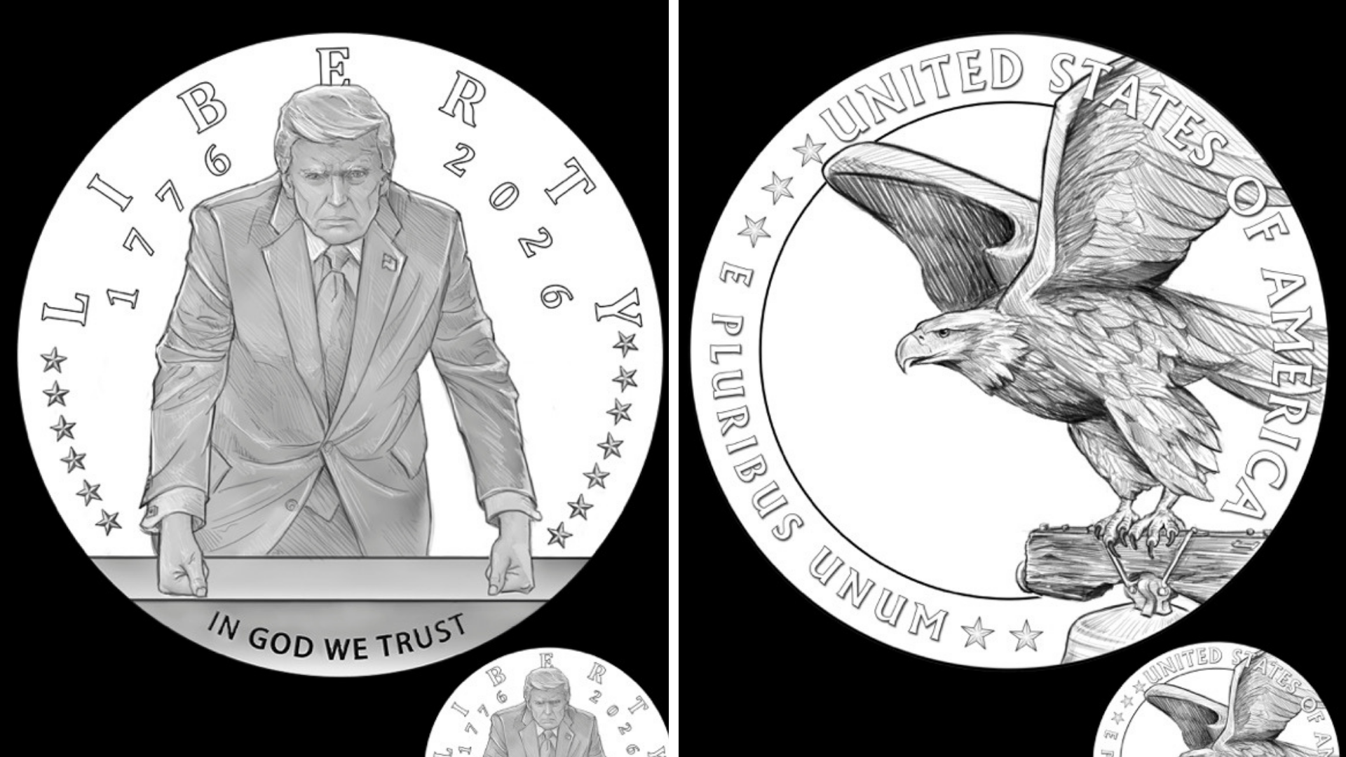 A Semiquincentennial commemorative gold coin design featuring President Donald Trump is shown in this undated handout image.