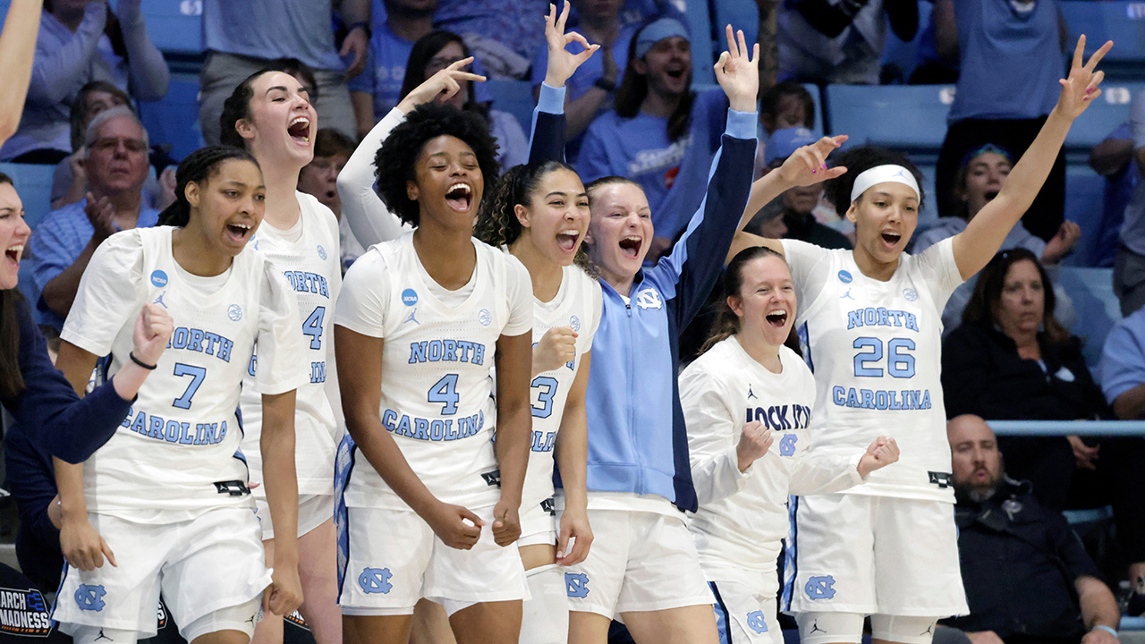 UNC players celebrate as the Tar Heels beat Western Illinois in the first round of the NCAA women's tournament on Friday in Chapel Hill.