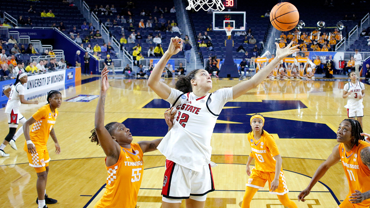 N.C. State's Khamil Pierre pulls down a rebound against Tennessee at the NCAA women's tournament on Friday in Ann Arbor, Mich.