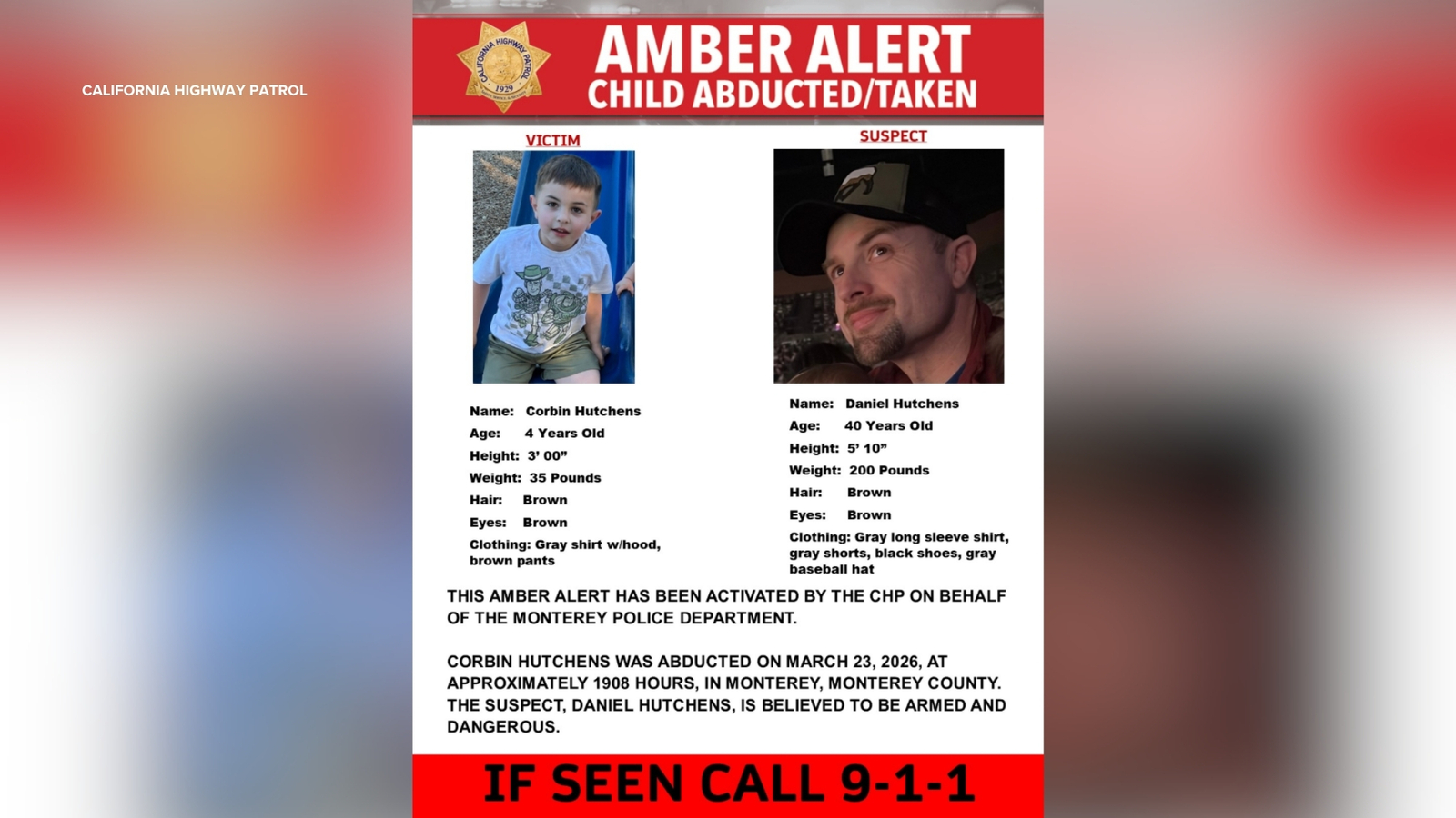 Amber Alert issued for 4-year-old boy taken in Monterey County