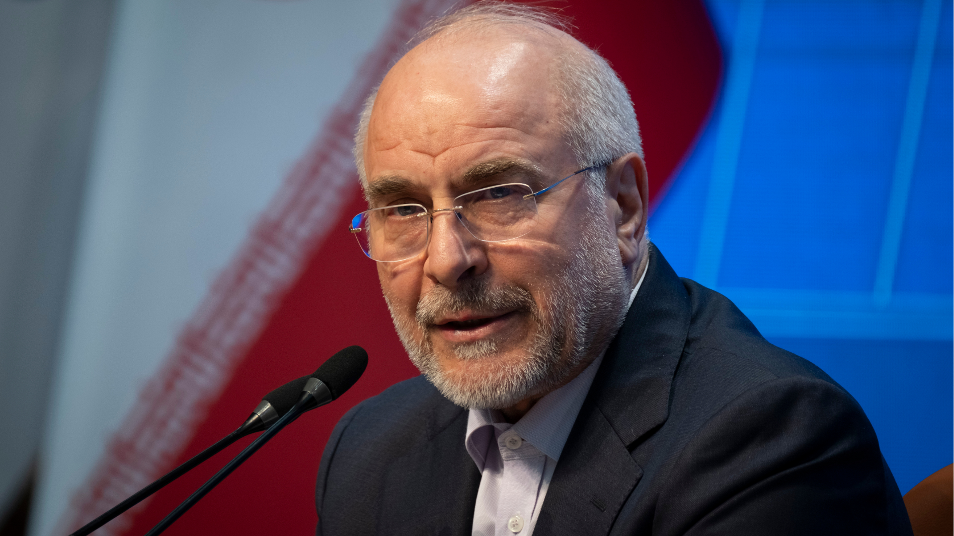 Iranian Parliament Speaker, Mohammad Bagher Ghalibaf, speaks with the media in a media conference at the Iranian Parliament building in Tehran, Iran, on December 2, 2025.