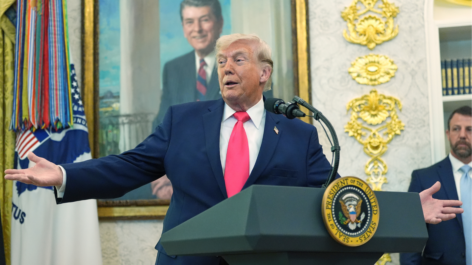 President Donald Trump speaks during the swearing in for Homeland Security Secretary Markwayne Mullin in the Oval Office of the White House, Tuesday, March 24, 2026, in Washington.