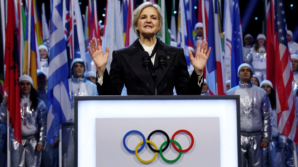 IOC President Kirsty Coventry speaks during the Olympic opening ceremony at the 2026 Winter Olympics, in Milan, Italy, Friday, Feb. 6, 2026