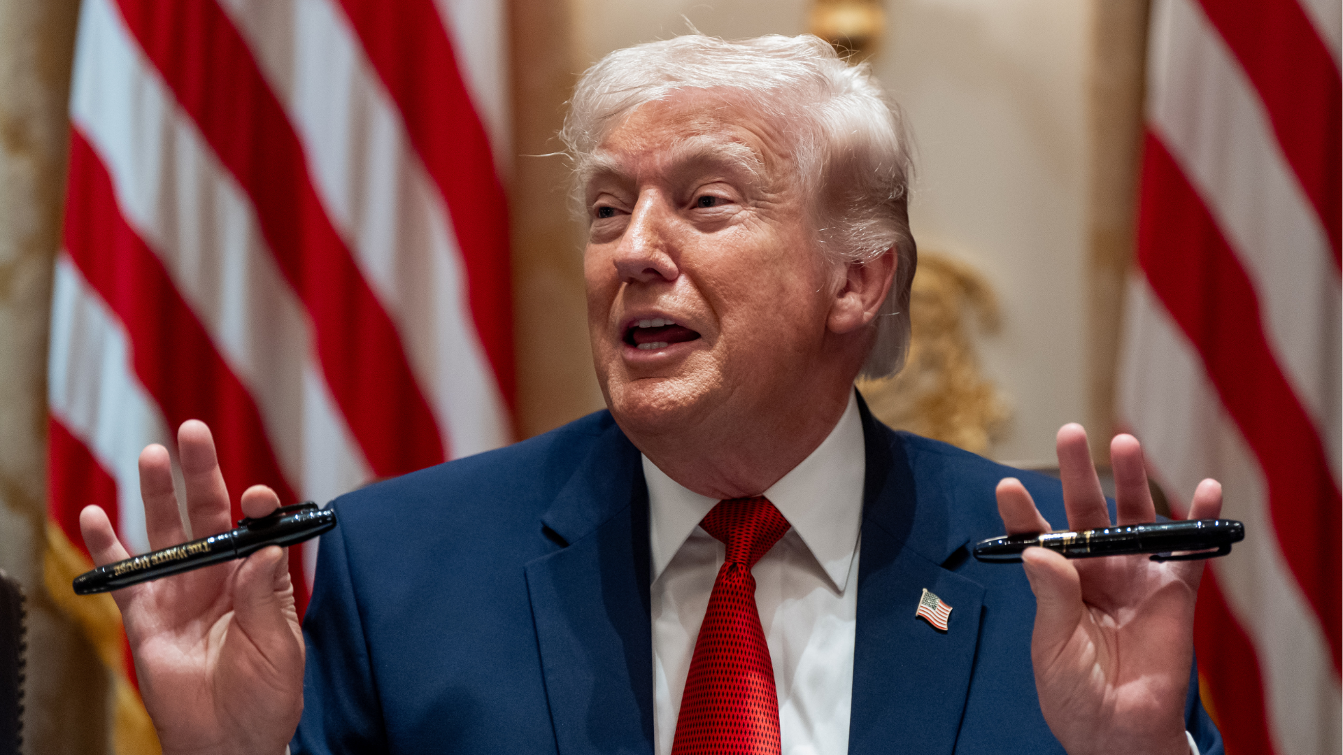 President Donald Trump holds up   2  Sharpie pens arsenic  helium  speaks during a Cabinet gathering  astatine  the White House, Thursday, March 26, 2026, successful  Washington.