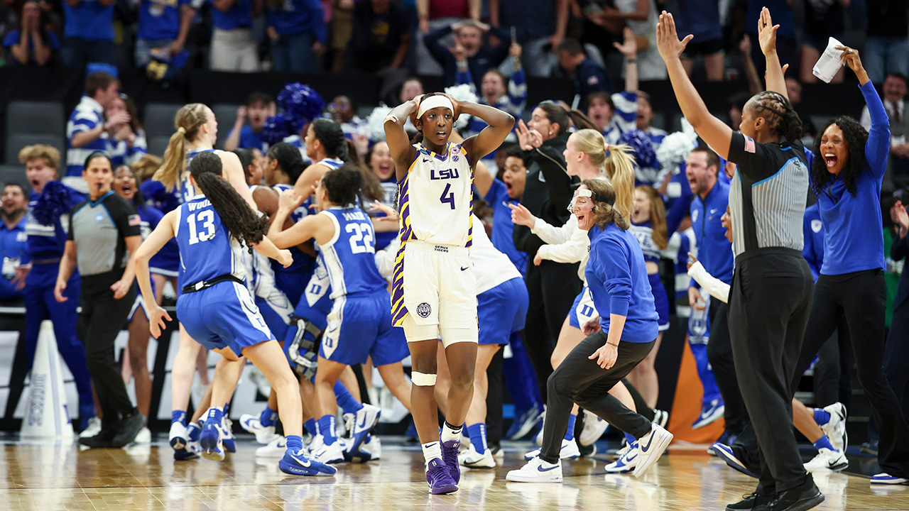 The Duke bench erupts after guard Ashlon Jackson sank a game-winning 3-pointer to beat LSU in the Sweet Sixteen on Friday night in Sacramento, California.