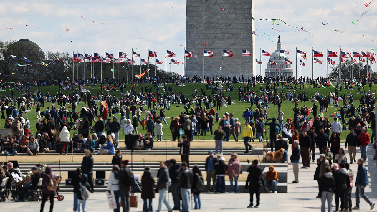 I manifestanti della protesta No Kings e i partecipanti al Cherry Blossom Kite Festival si sono riuniti sabato al National Mall di Washington.