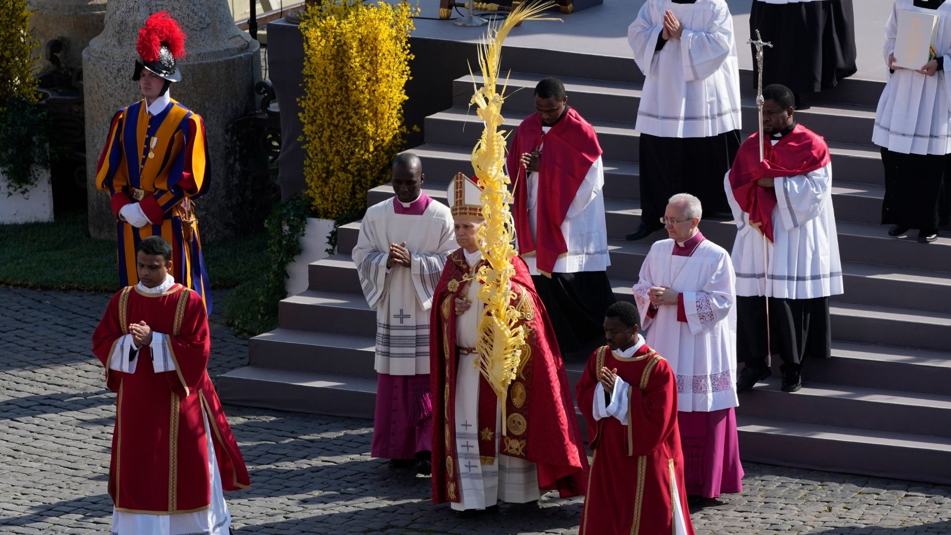 Pope Leo XIV presides over Mass in St. Peter's Square at the Vatican on the Catholic feast of Palm Sunday, commemorating Jesus' arrival in Jerusalem, Sunday, March 29, 2026.
