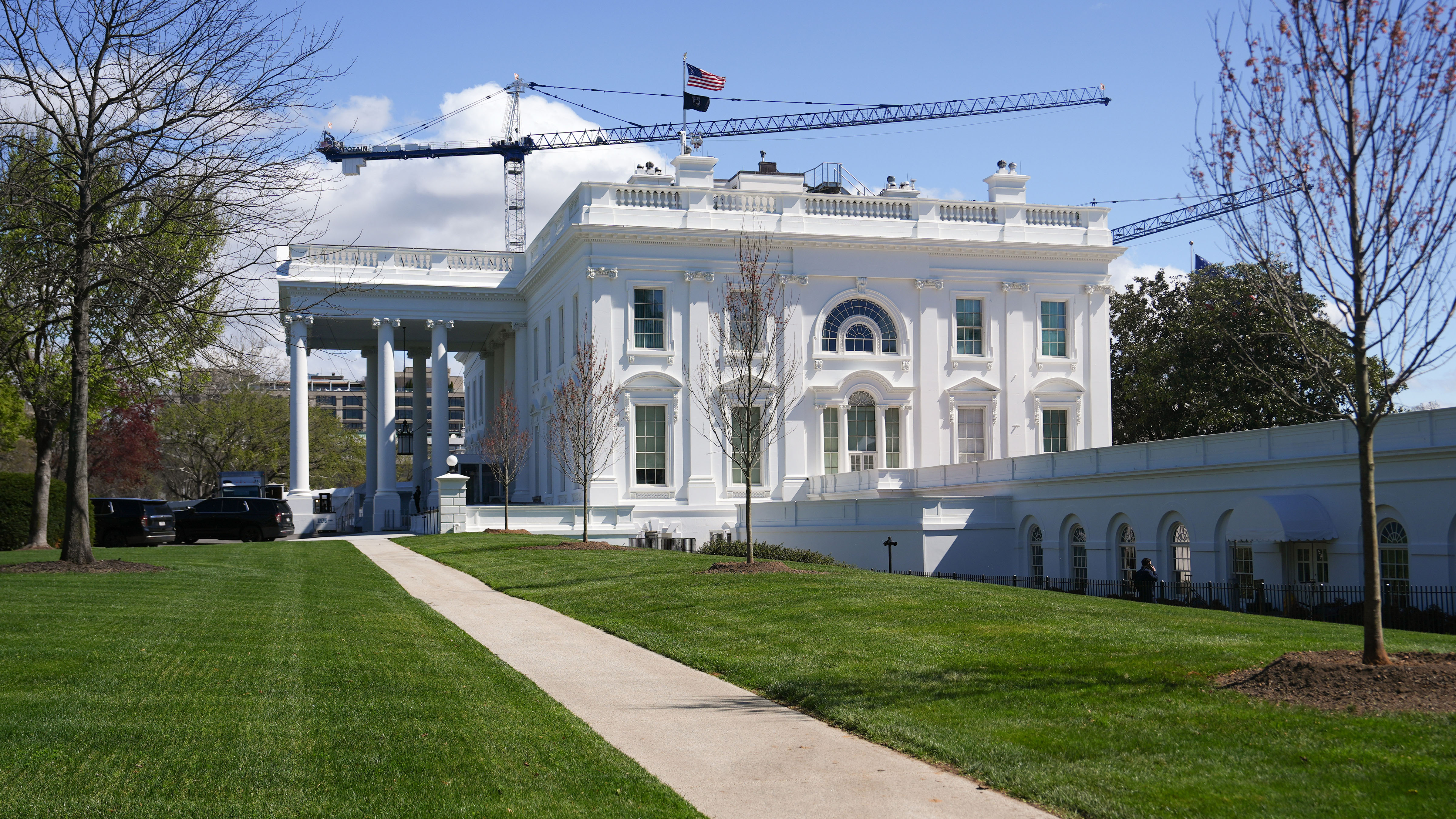 Construction cranes being used for the White House ballroom are seen around the White House, Monday, March 23, 2026, in Washington. 