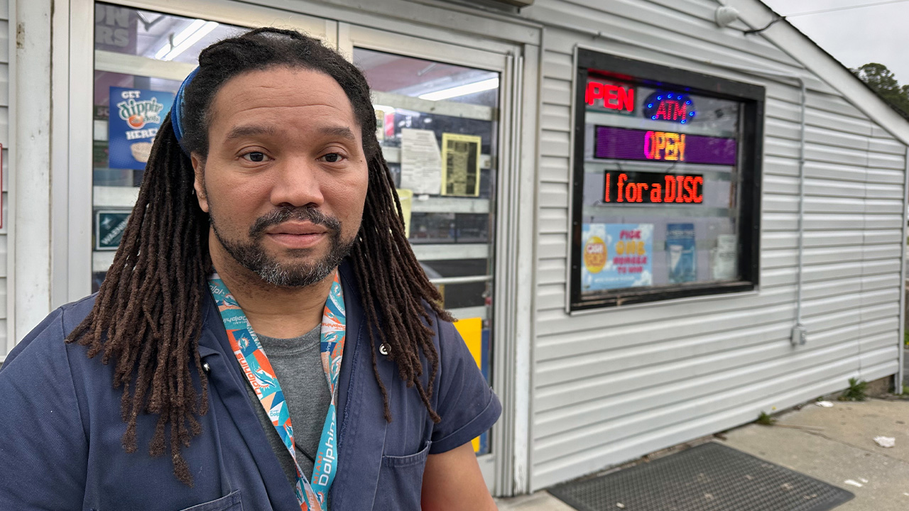 Damion Farrow, 49, who works for a contract security firm, speaks from his hometown of Powellsville, N.C., on March 12, 2026.