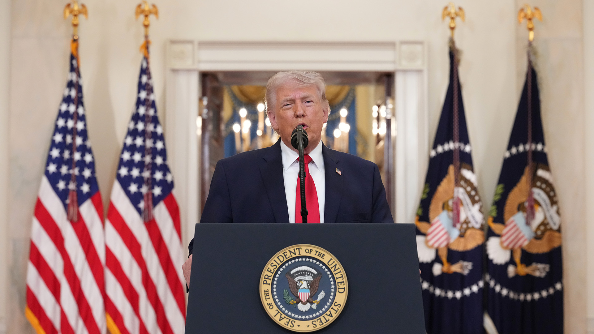 President Donald Trump speaks about the Iran war from the Cross Hall of the White House on Wednesday, April 1, 2026, in Washington.