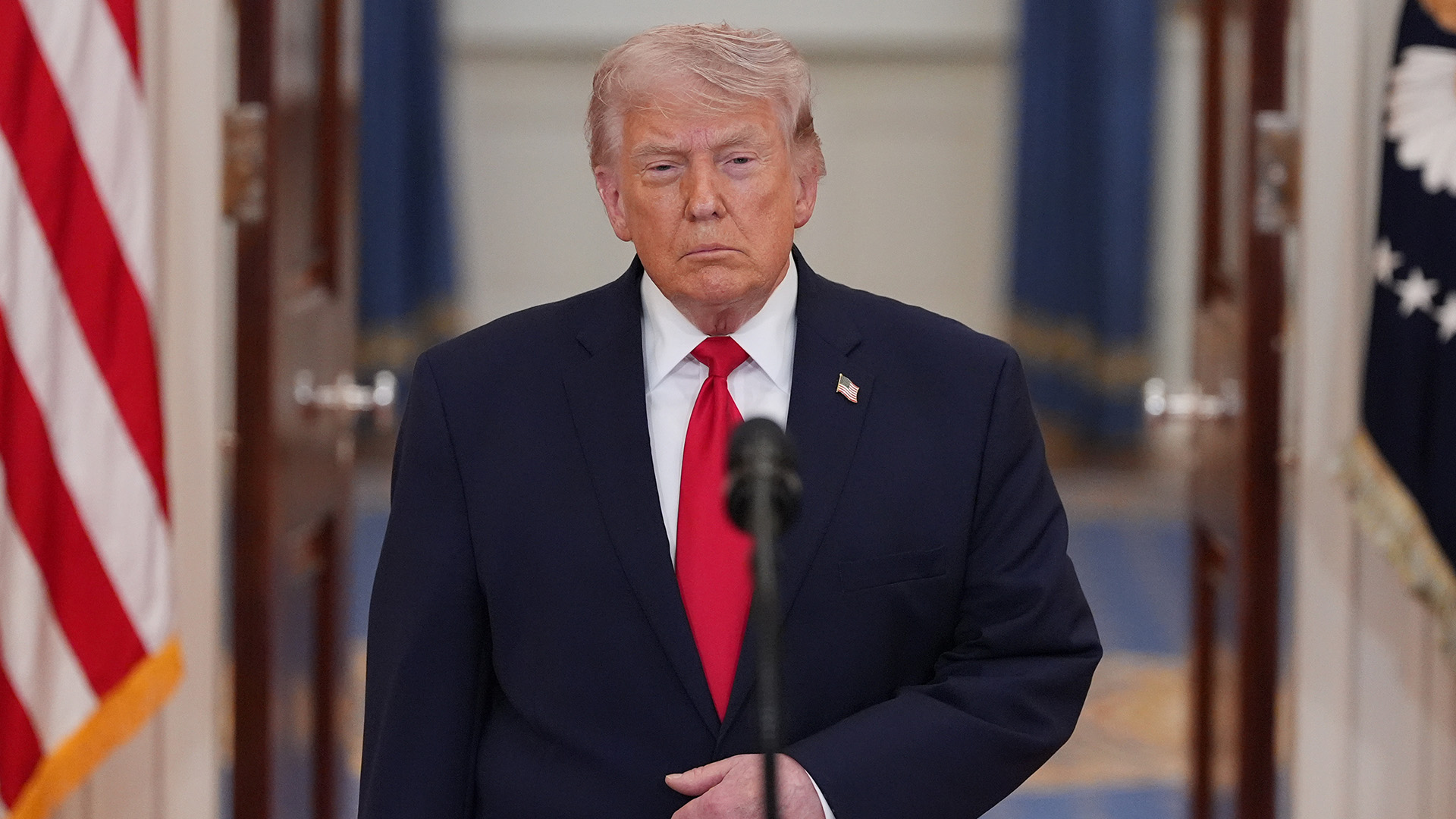 President Donald Trump arrives to speak about the Iran war from the Cross Hall of the White House on Wednesday, April 1, 2026, in Washington.