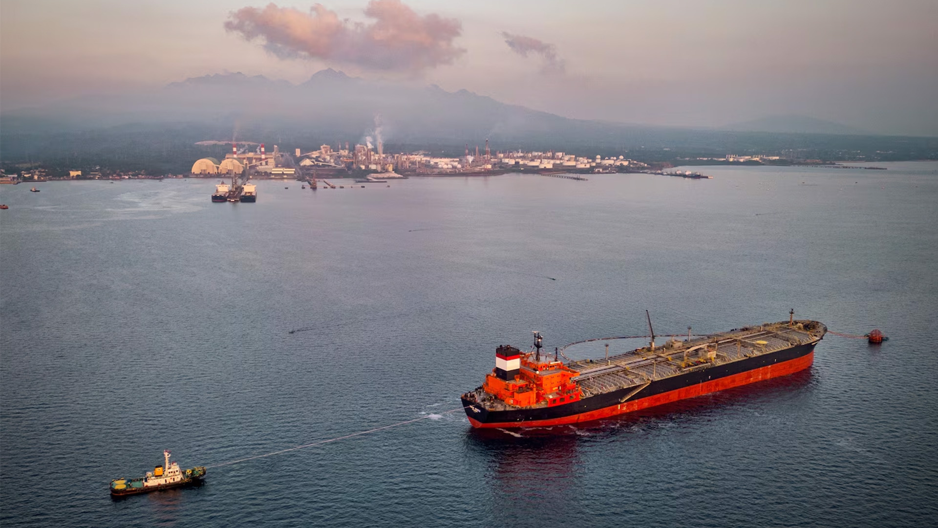 The Panamanian-flagged Tiger Wings, carrying crude oil from Russia, is moored close to the Petron oil refinery on April 1, 2026 in Limay, Bataan province, Philippines.