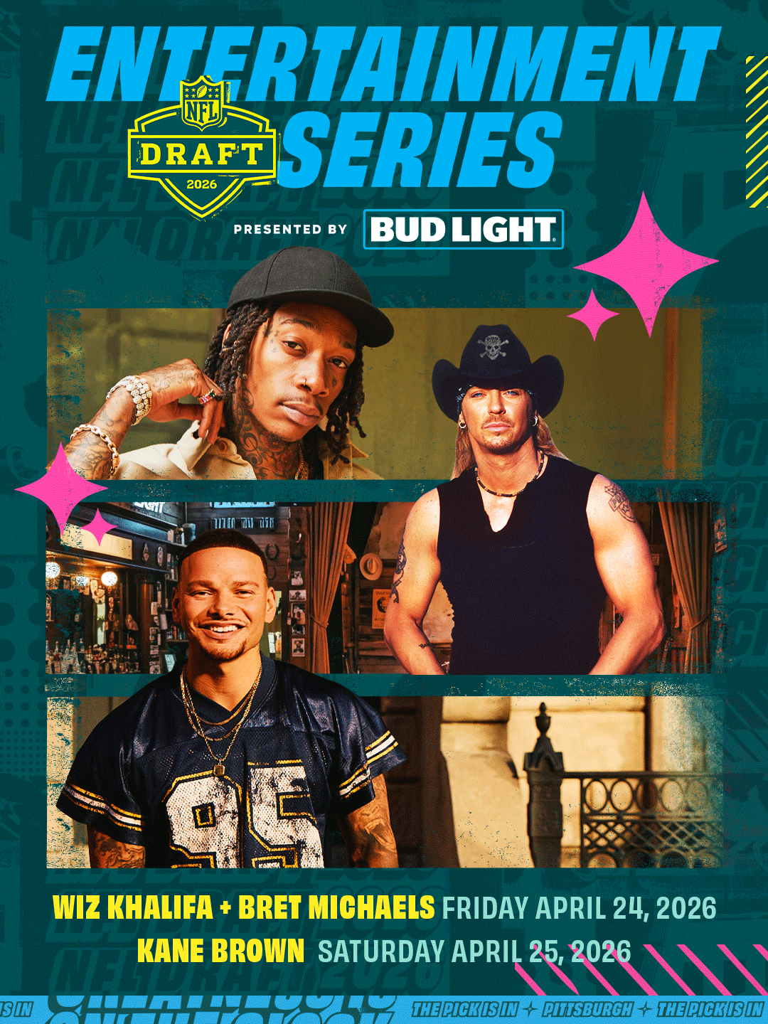 Top to bottom: Wiz Khalifa, Bret Michaels and Kane Brown