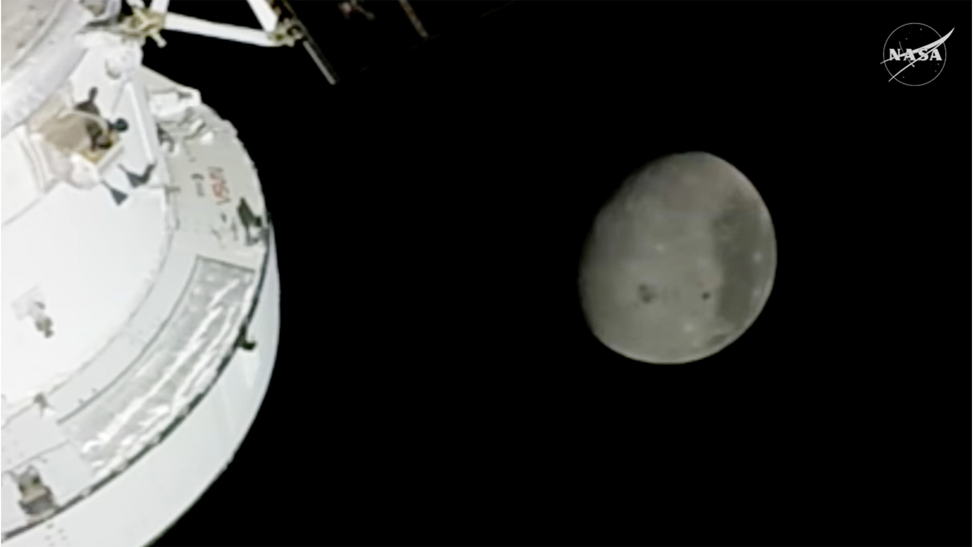 In this image from video provided by NASA, the Moon is seen from a camera outside the Orion Spacecraft after the Artemis II astronauts surpassed the farthest distance ever traveled by humans from Earth, Monday, April 6, 2026.