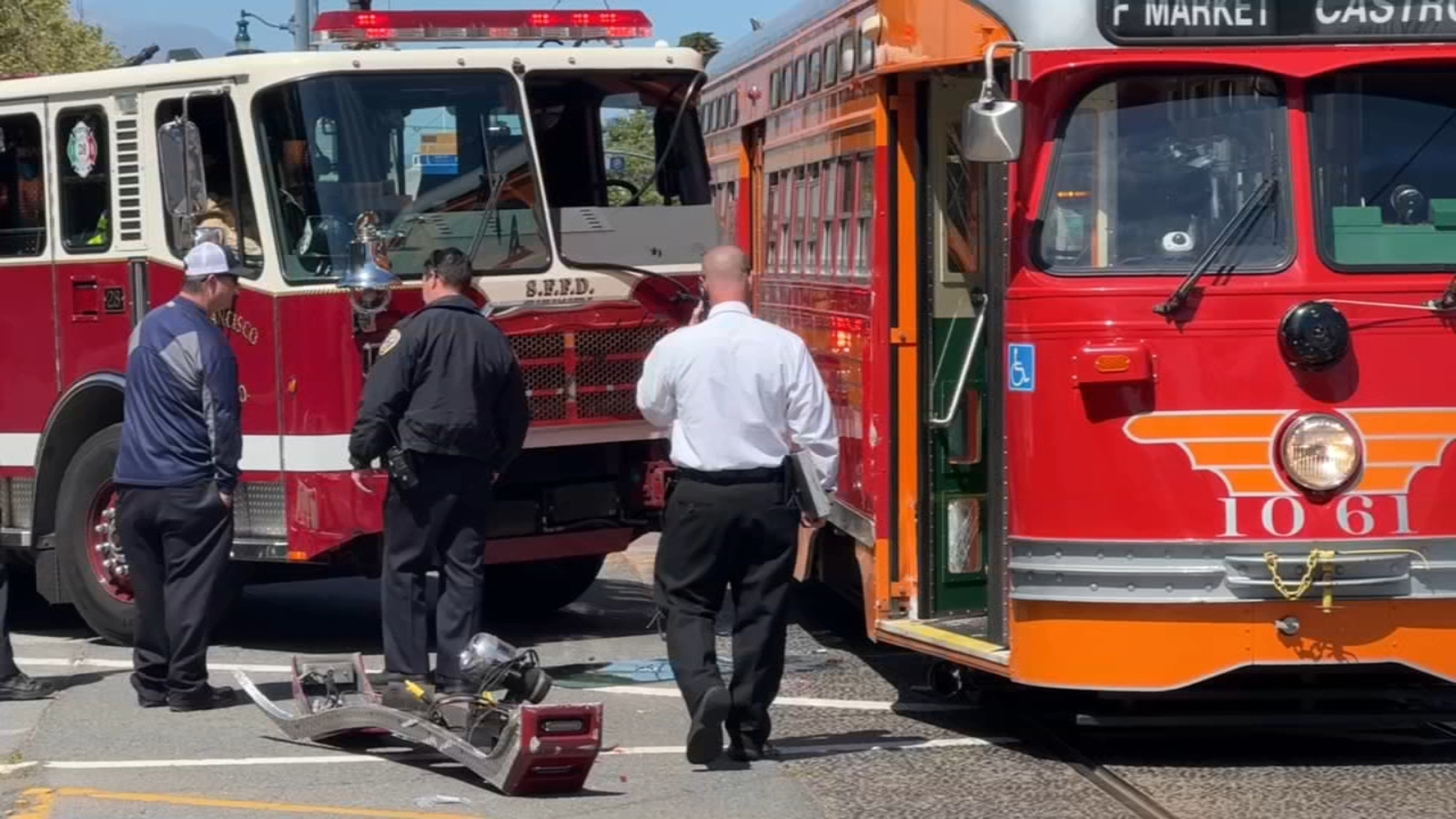 San Francisco fire truck crashes with historic Muni streetcar on The Embarcadero