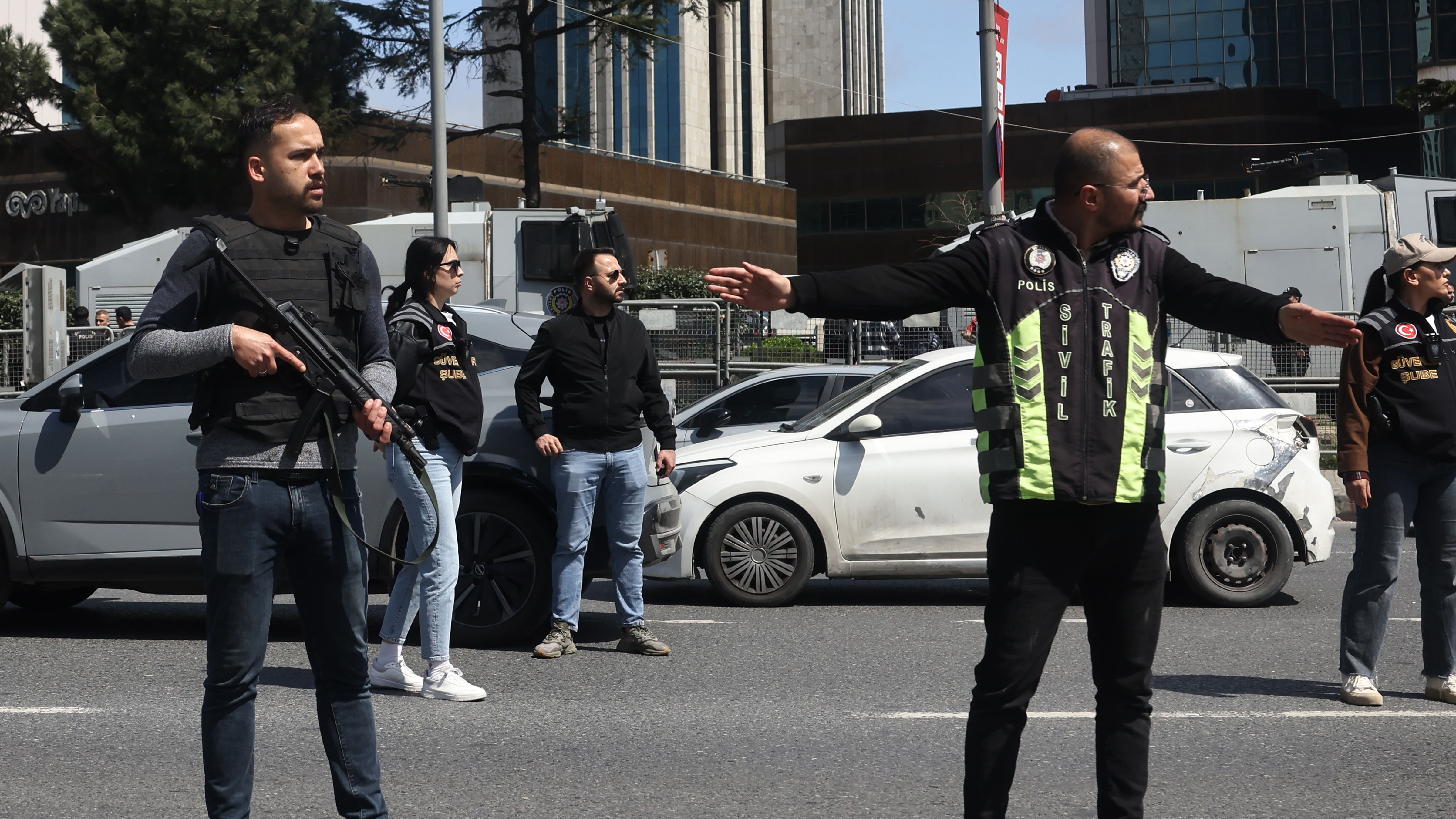 Police stand by a cordoned off area outside a building that previously housed the Israeli Consulate after gunman opened fire on April 7, 2026 in Istanbul, Turkey.
