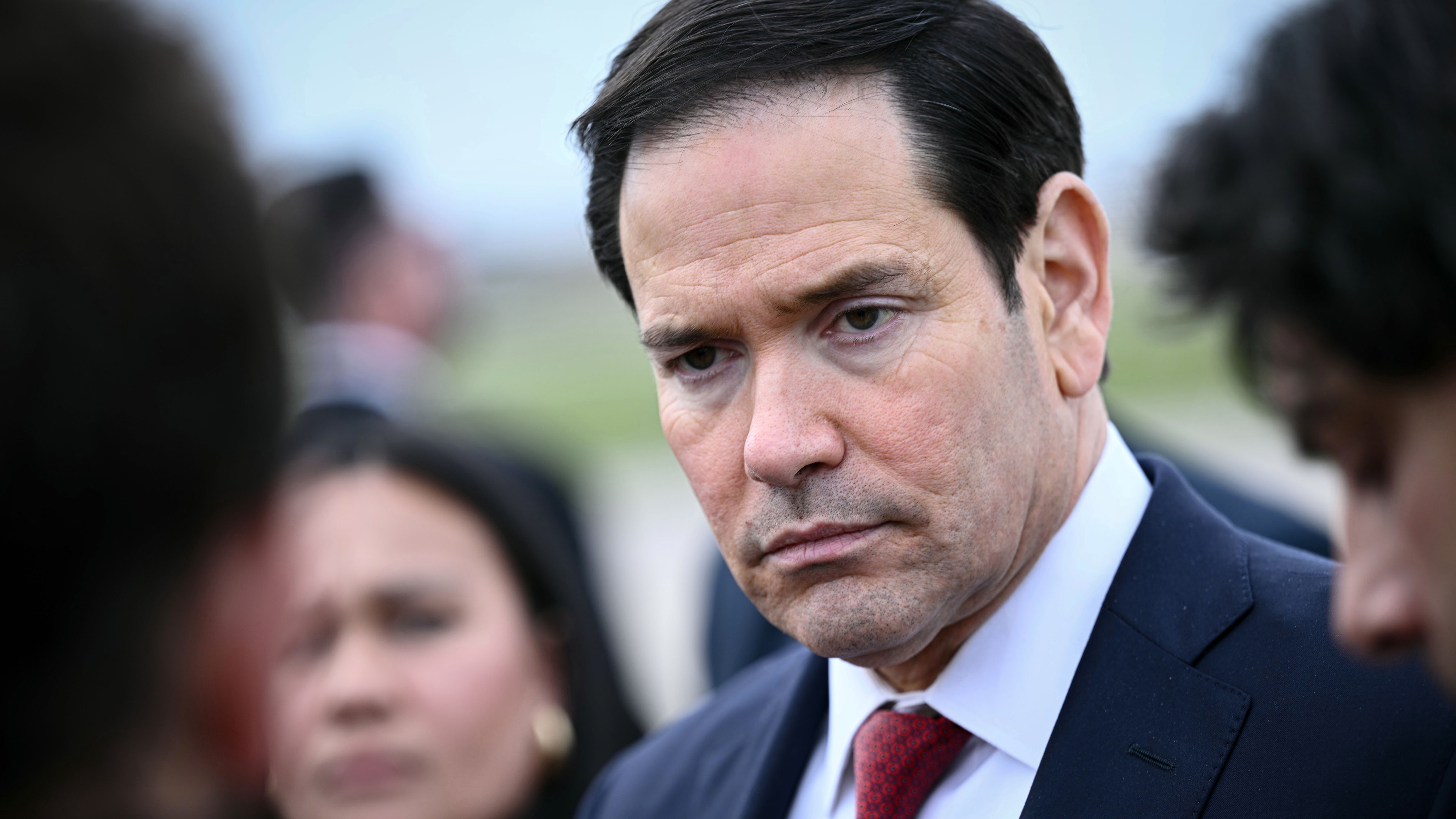 US Secretary of State Marco Rubio looks on as he speaks to the press following a G7 Foreign Ministers' meeting with Partner Countries at the Bourget airport March 27, 2026.