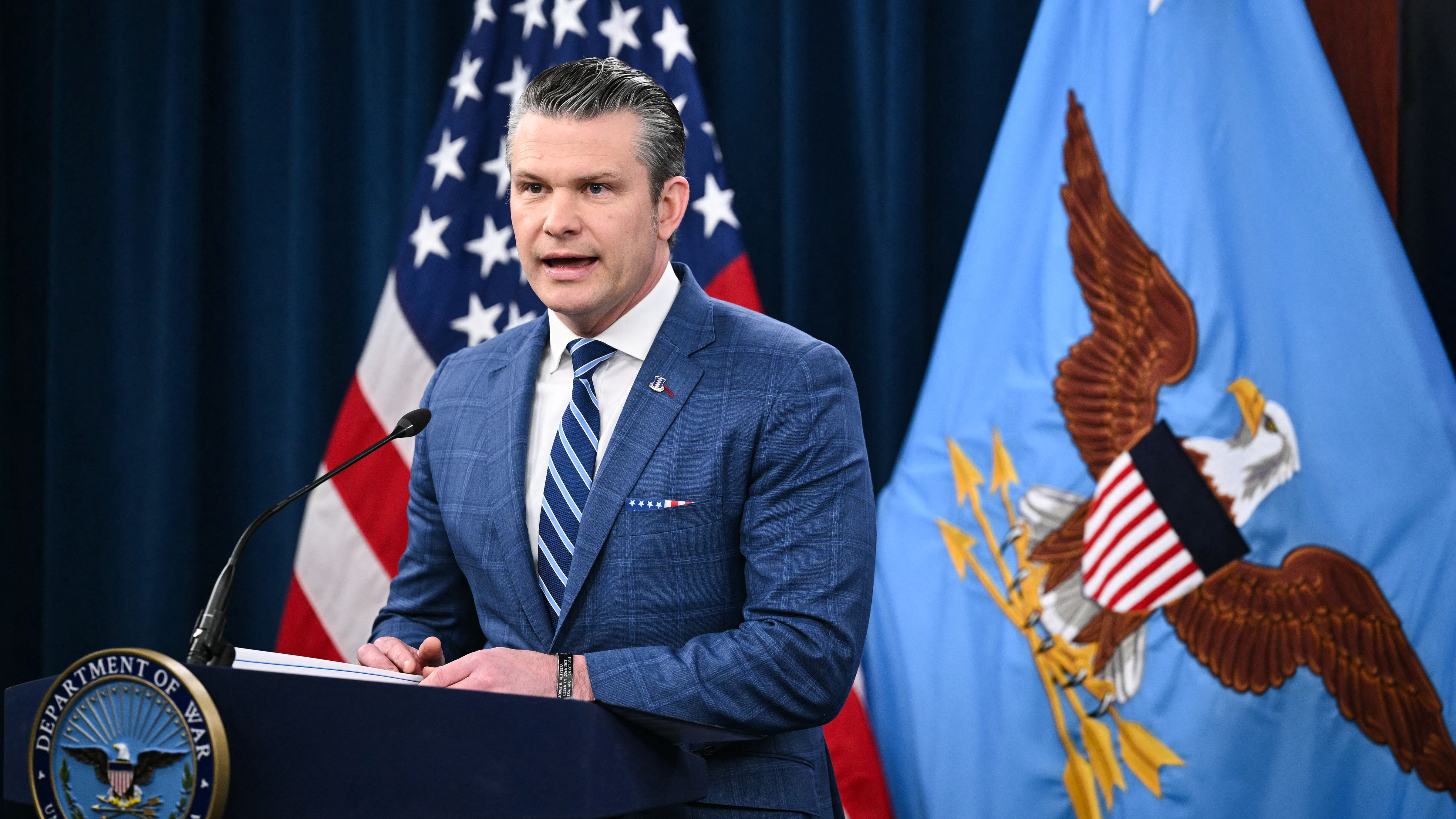 US Secretary of Defense Pete Hegseth speaks during a press briefing at the Pentagon in Washington, DC, on April 8, 2026.