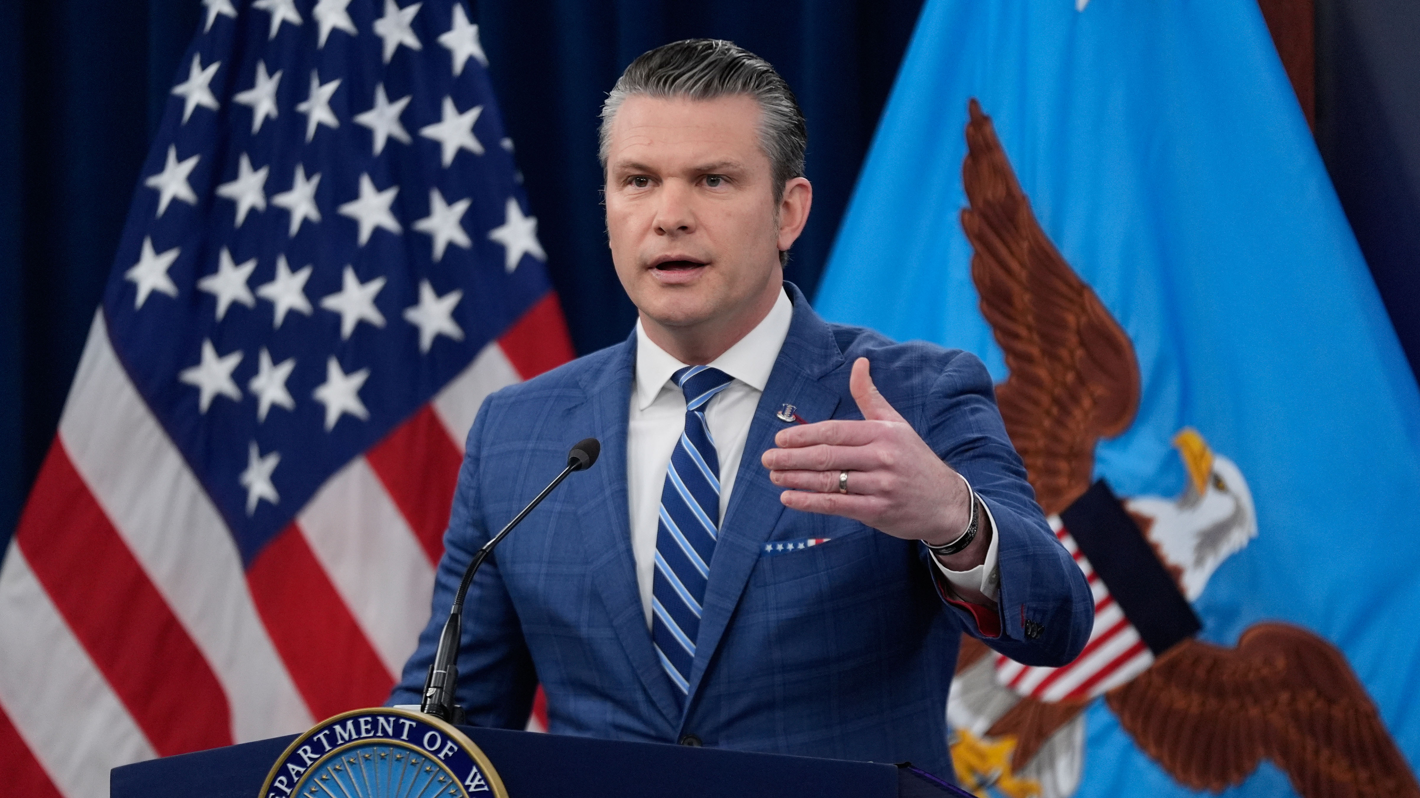 Defense Secretary Pete Hegseth speaks to members of the media during a press briefing at the Pentagon in Washington, Wednesday, April 8, 2026.