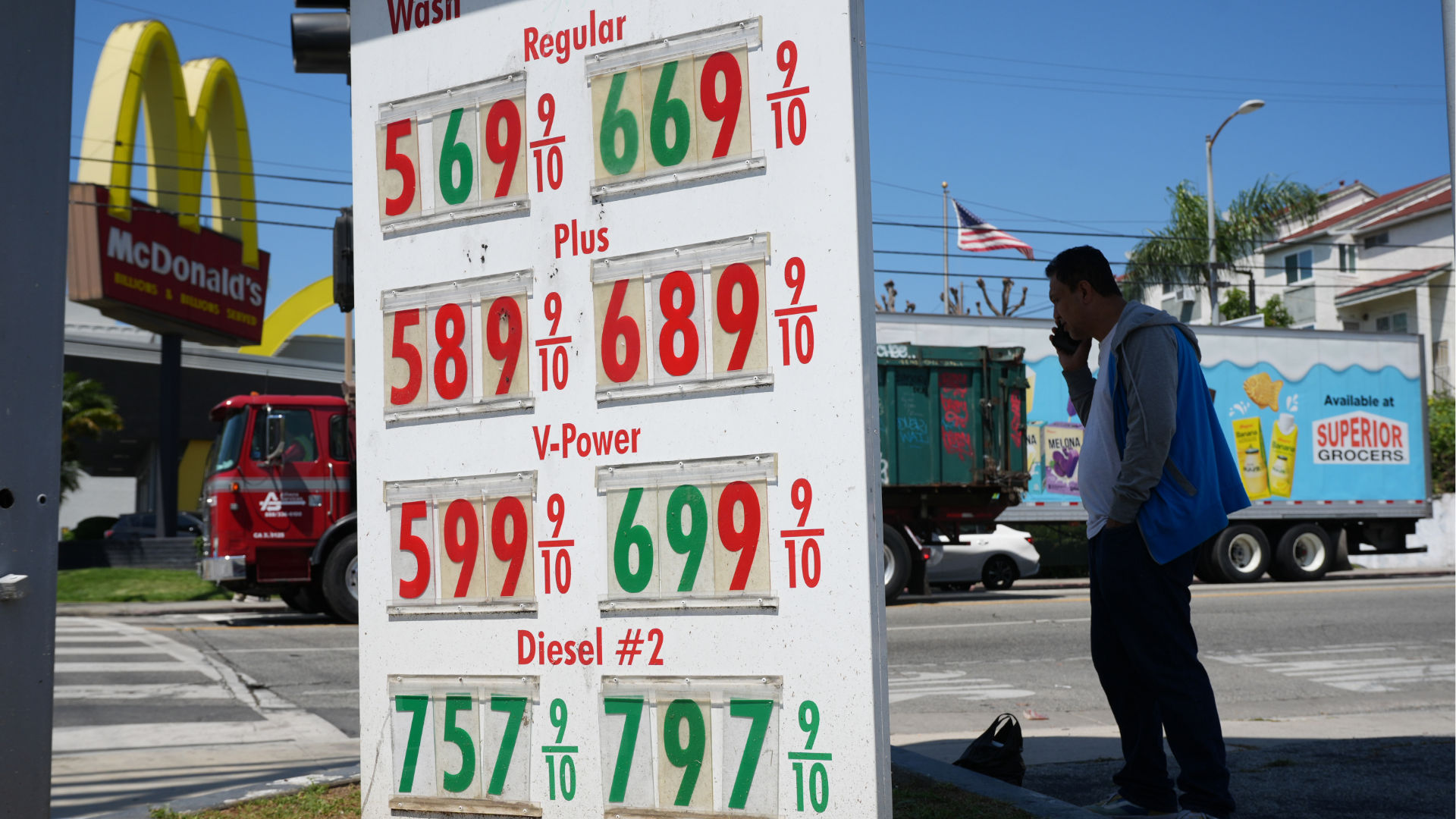 Gas prices are displayed at a gasoline station, Tuesday, April 7, 2026, in Los Angeles.