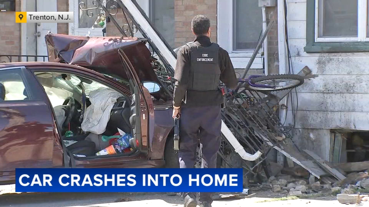 Car heavily damaged after slamming into Trenton, New Jersey home