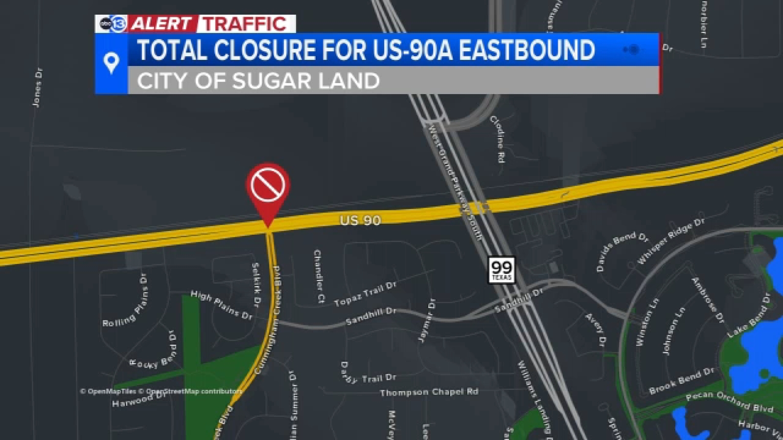 TxDOT says US-90A eastbound lanes shutdown until Friday to add new signage near roadway