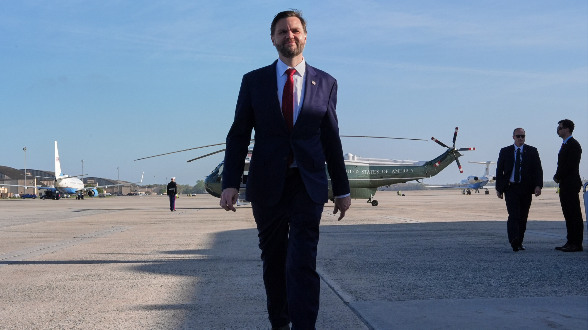 Vice President JD Vance walks to speak to the Press before boarding Air Force Two, Friday, April 10, 2026, at Joint Base Andrews, Md., for departure to Pakistan, for talks on Iran.